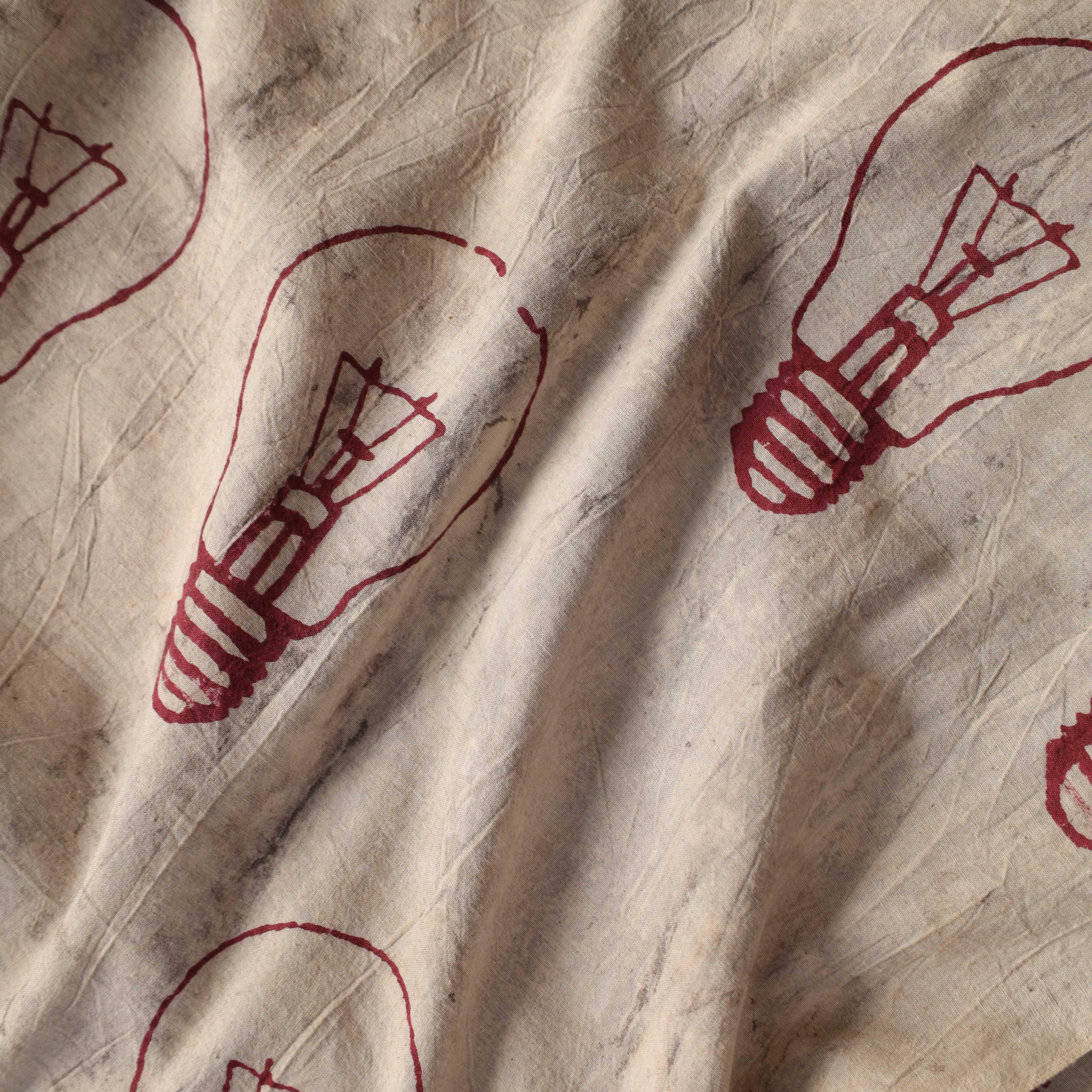 Hand Block Printed Light Bulb Motif Cotton Fabric - Artisan Red on Natural