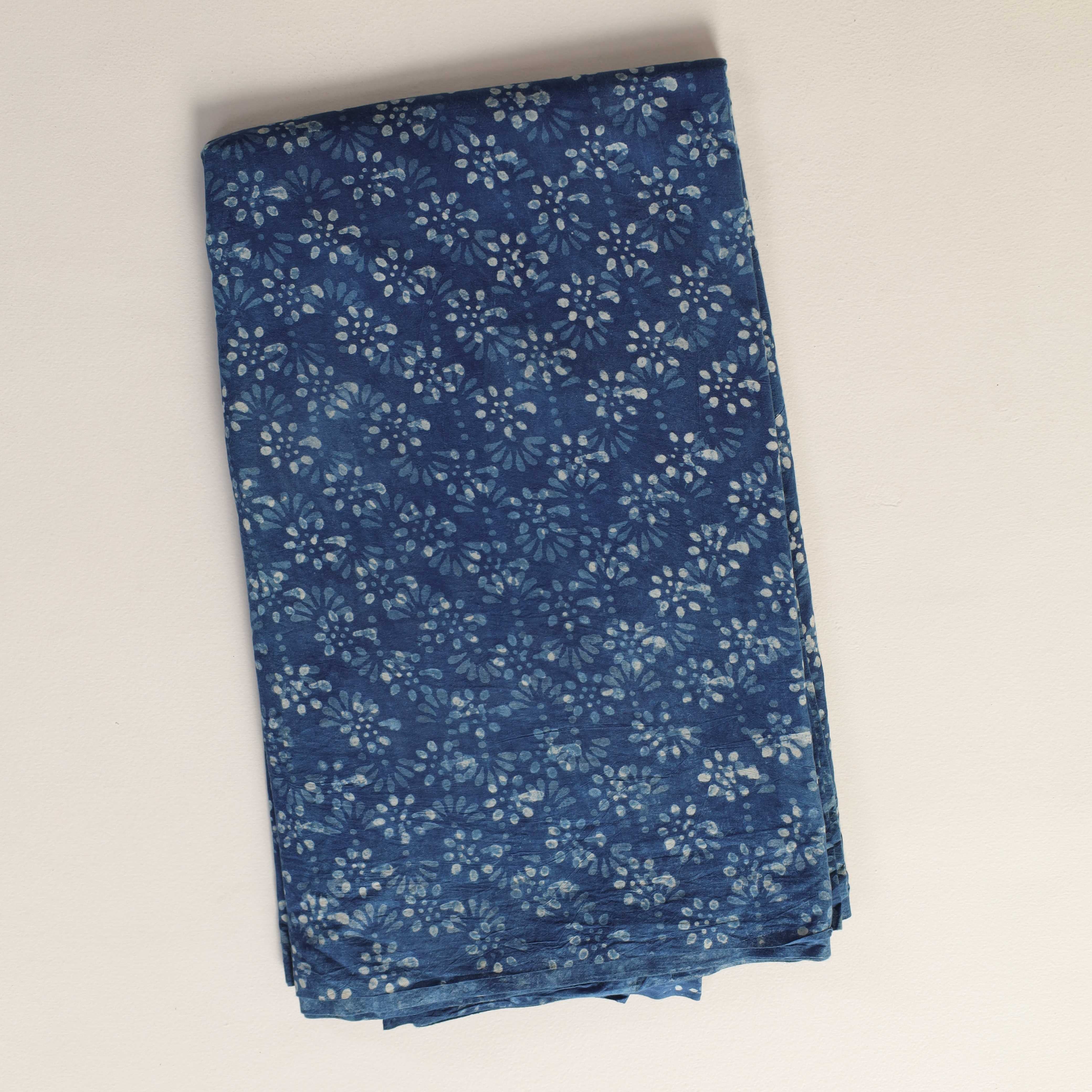 Artisan Indigo Hand Block Printed Cotton Fabric - Blue Floral Motif