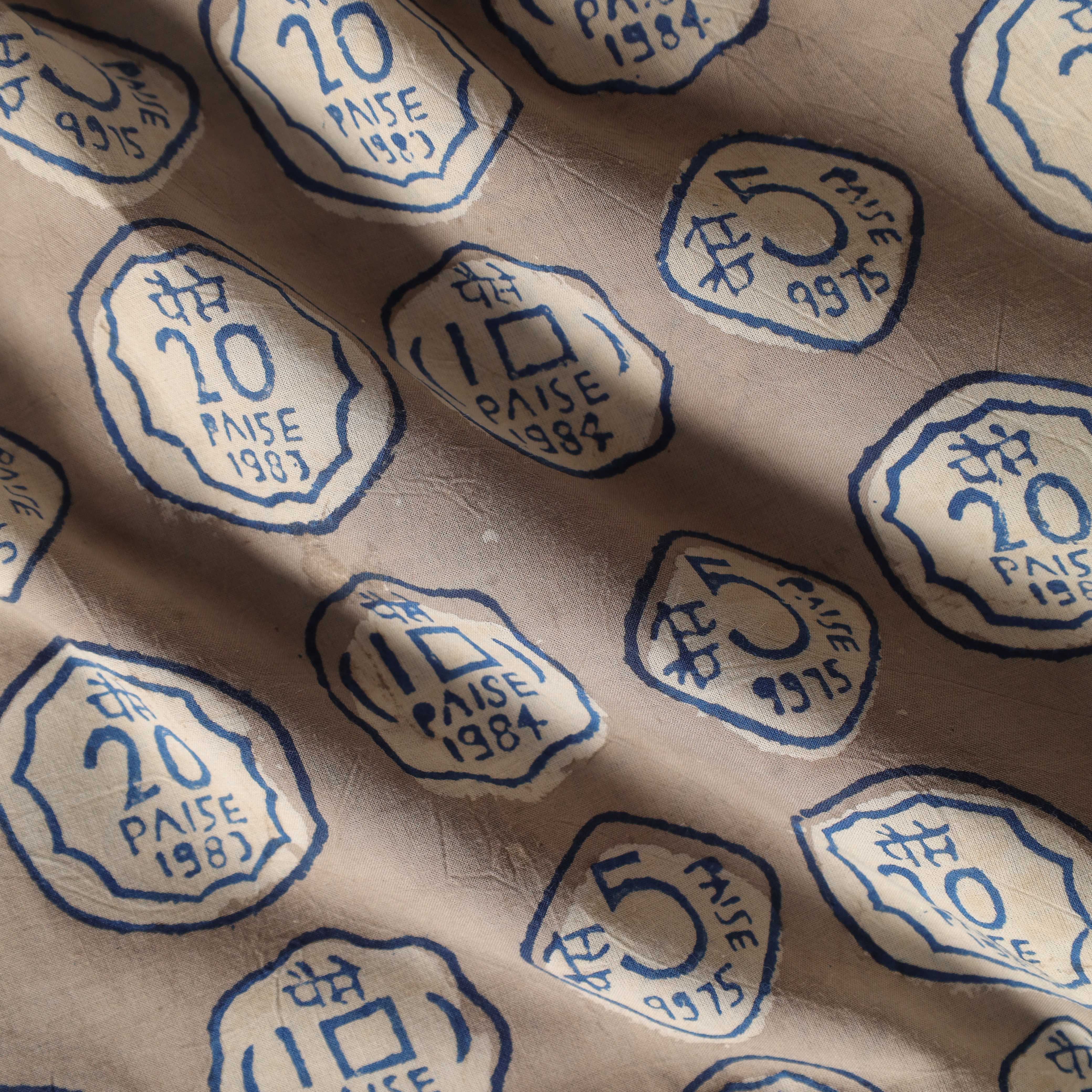 Vintage Coin Motif Hand Block Printed Cotton Fabric