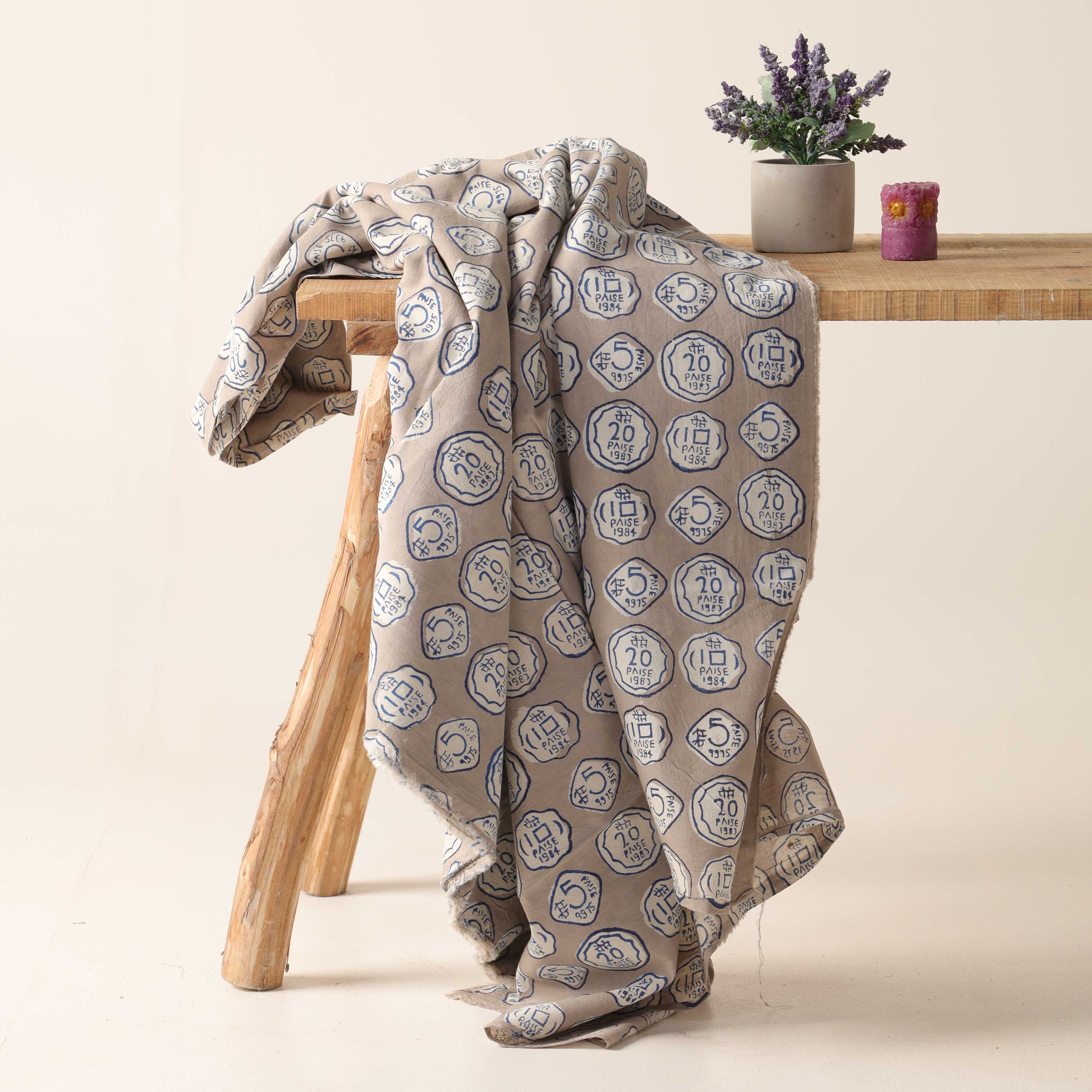 Vintage Coin Motif Hand Block Printed Cotton Fabric