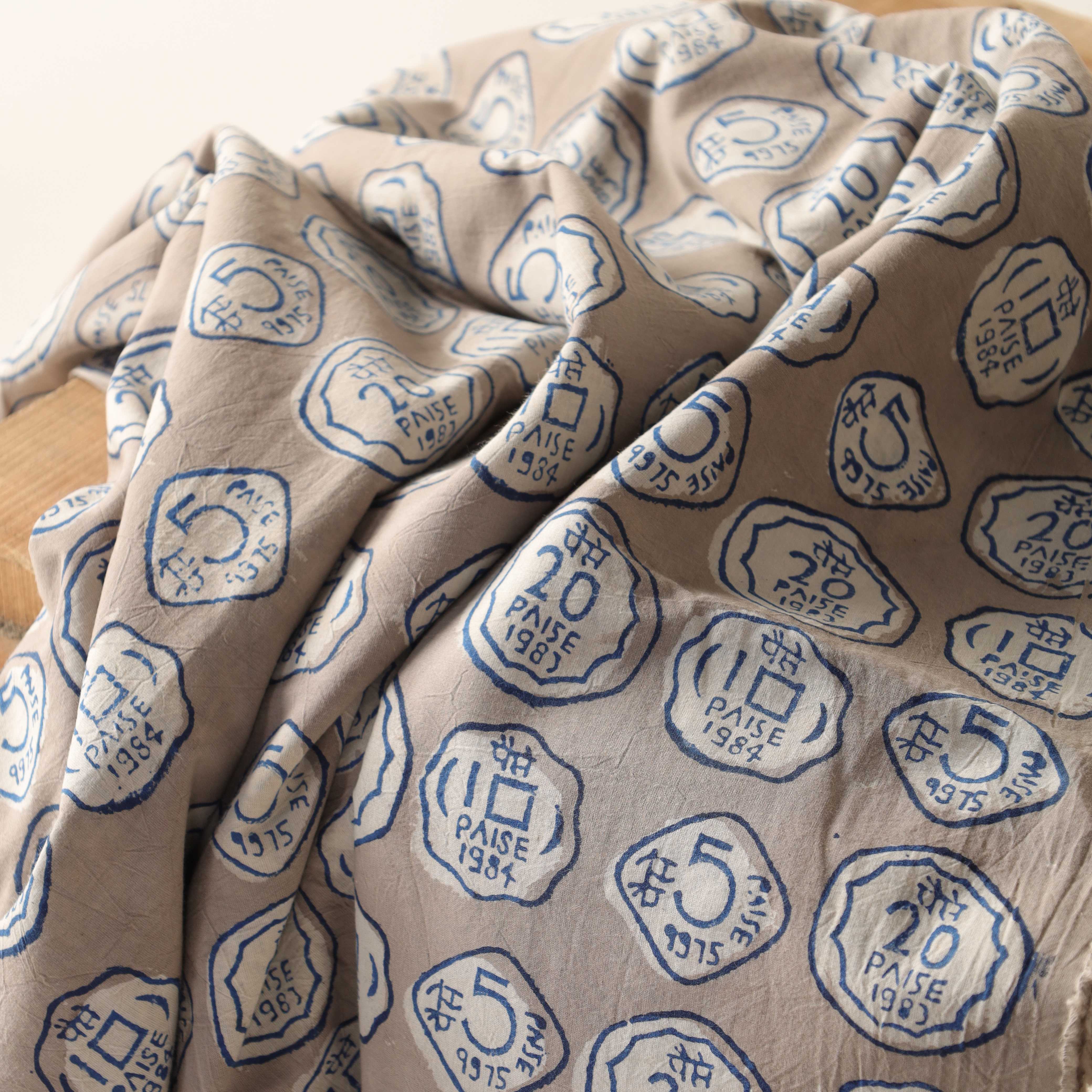 Vintage Coin Motif Hand Block Printed Cotton Fabric