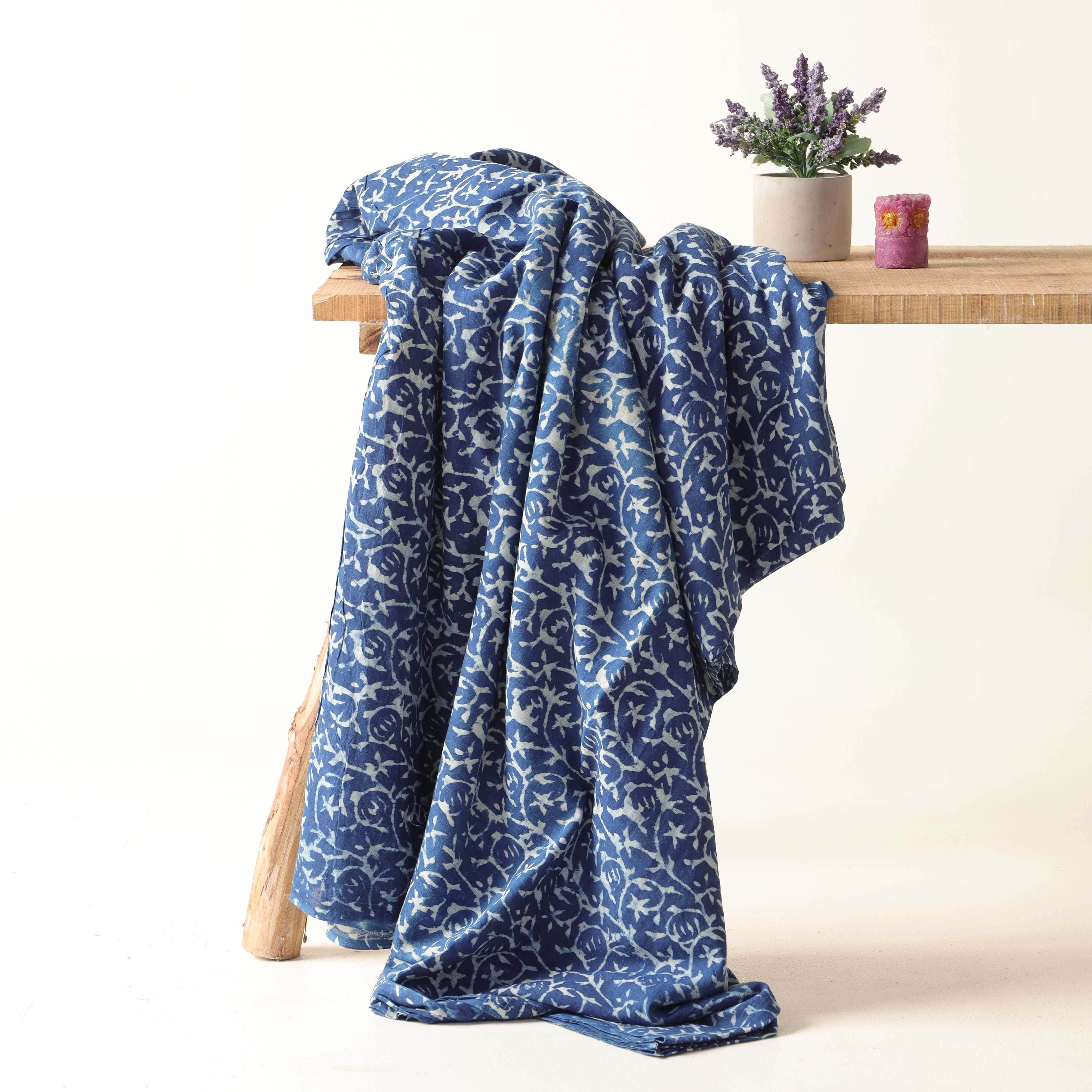 Artisan Hand Block Printed Cotton Fabric - Indigo Blue Floral Vine