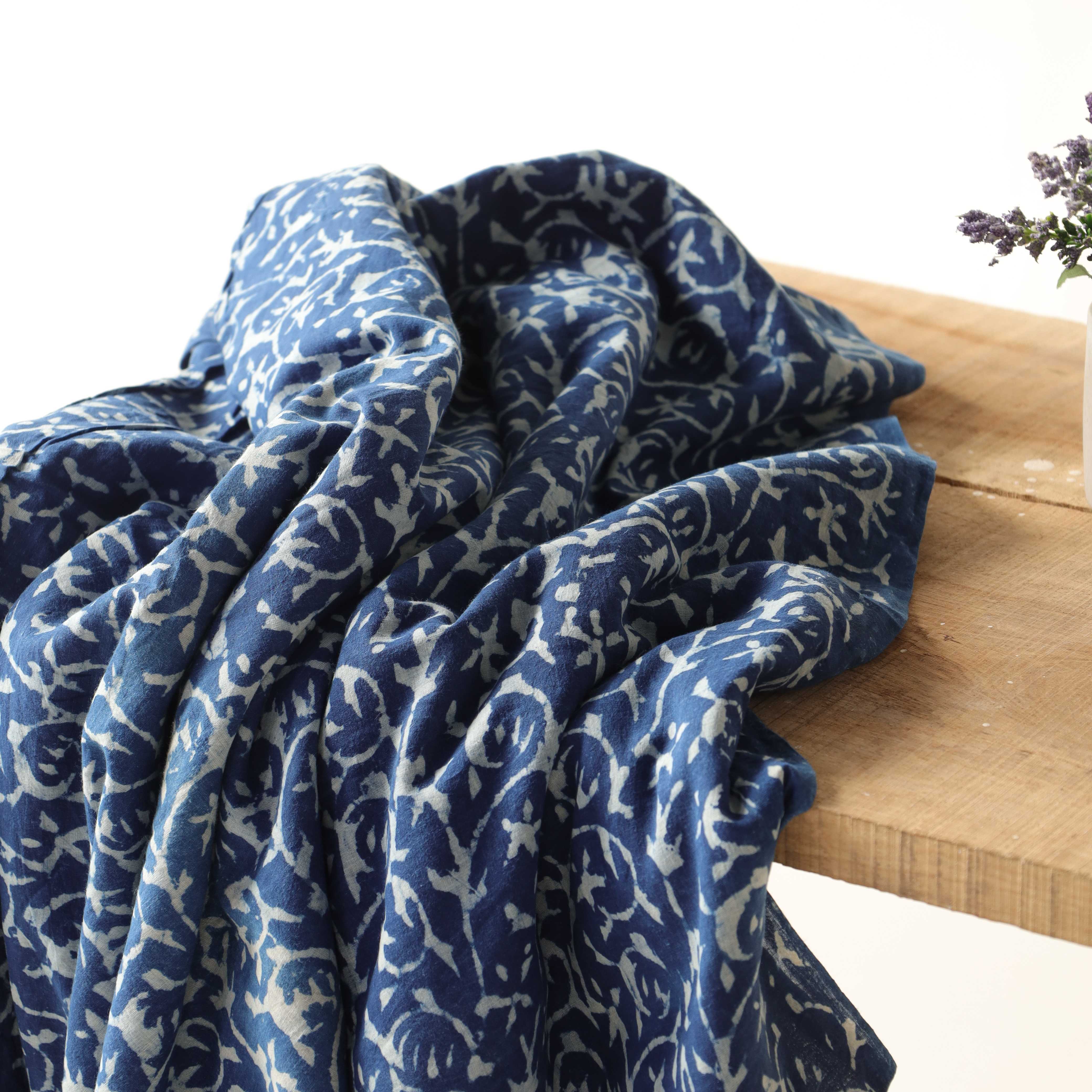 Artisan Hand Block Printed Cotton Fabric - Indigo Blue Floral Vine