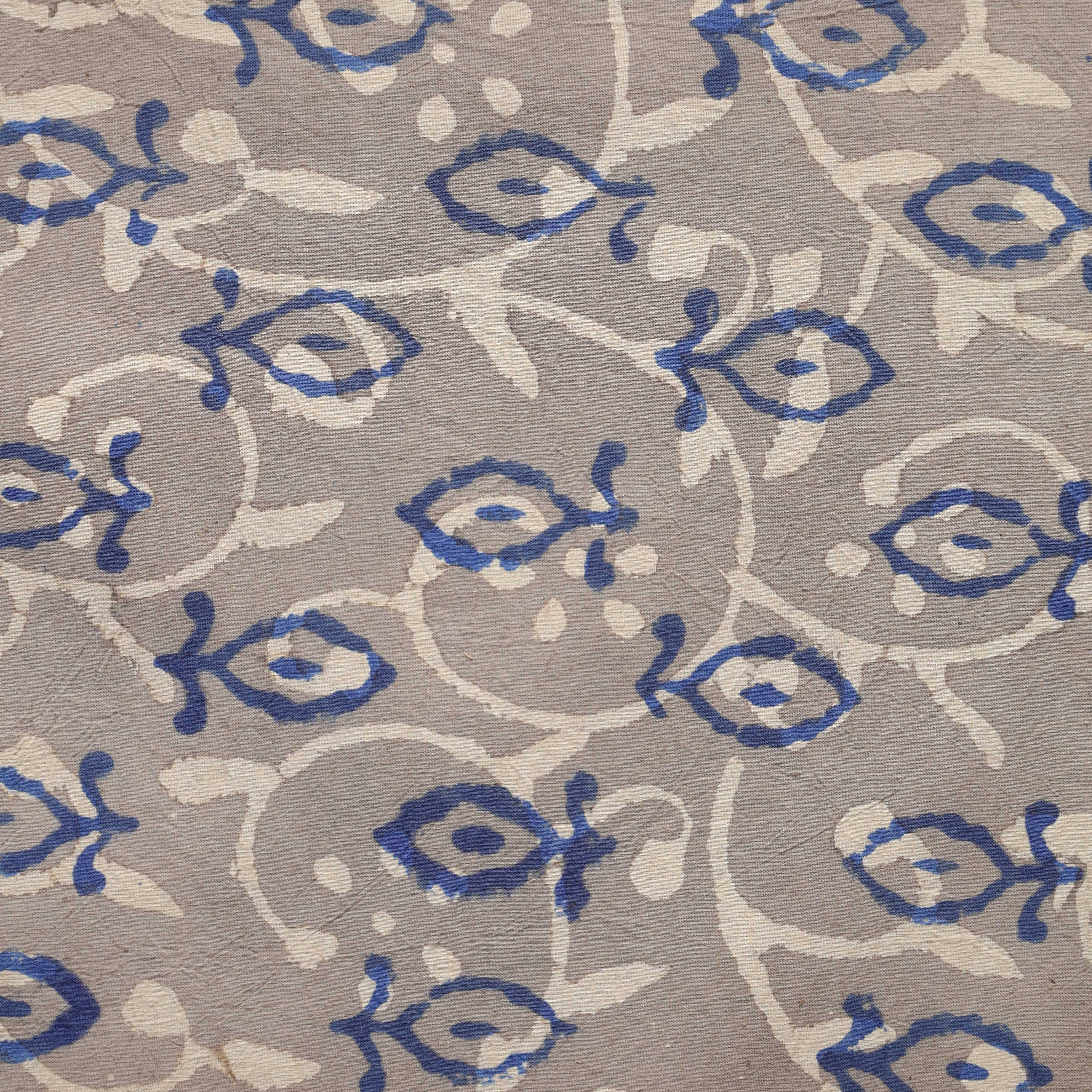Artisan Hand Block Printed Cotton Fabric - Grey & Blue Budding Vine