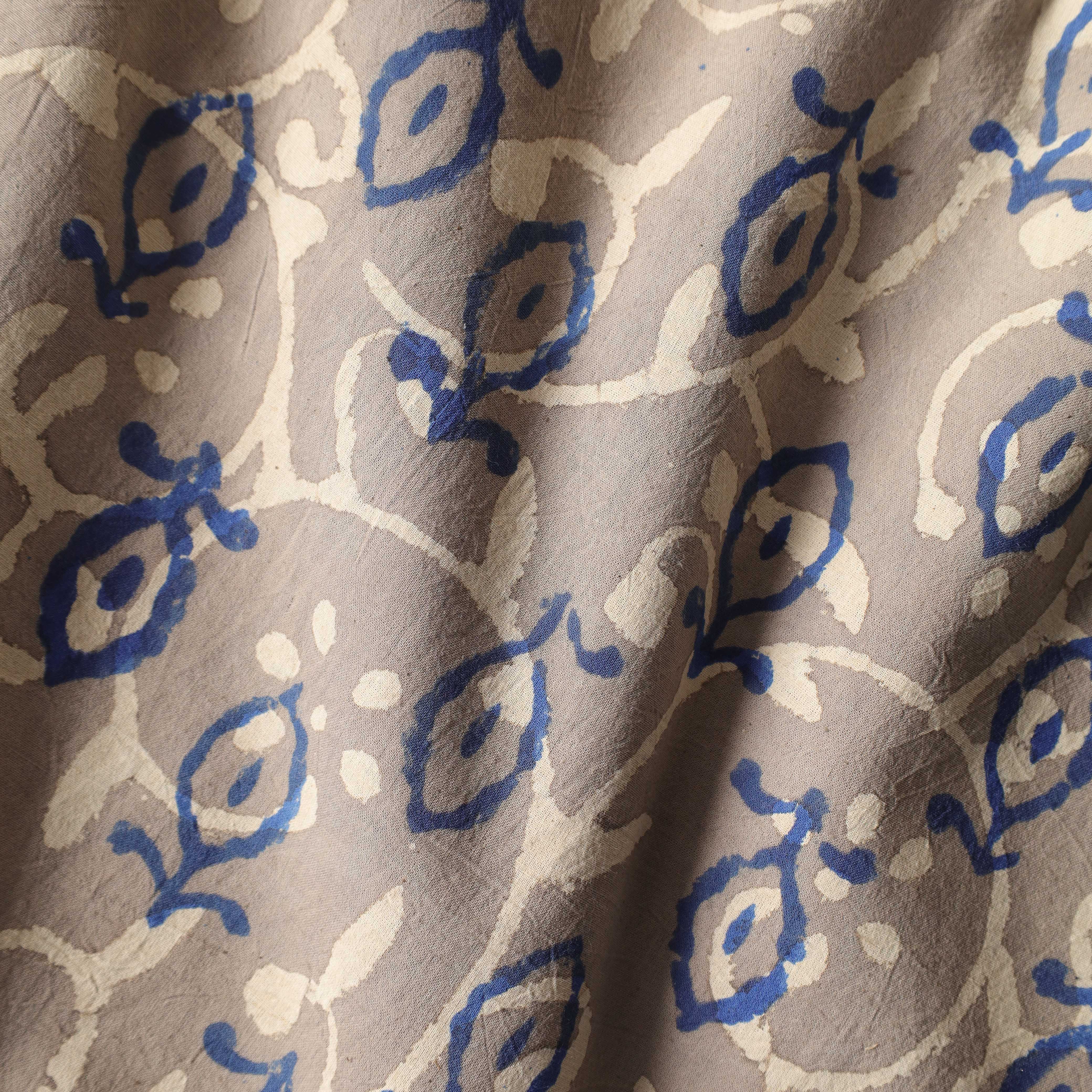 Artisan Hand Block Printed Cotton Fabric - Grey & Blue Budding Vine