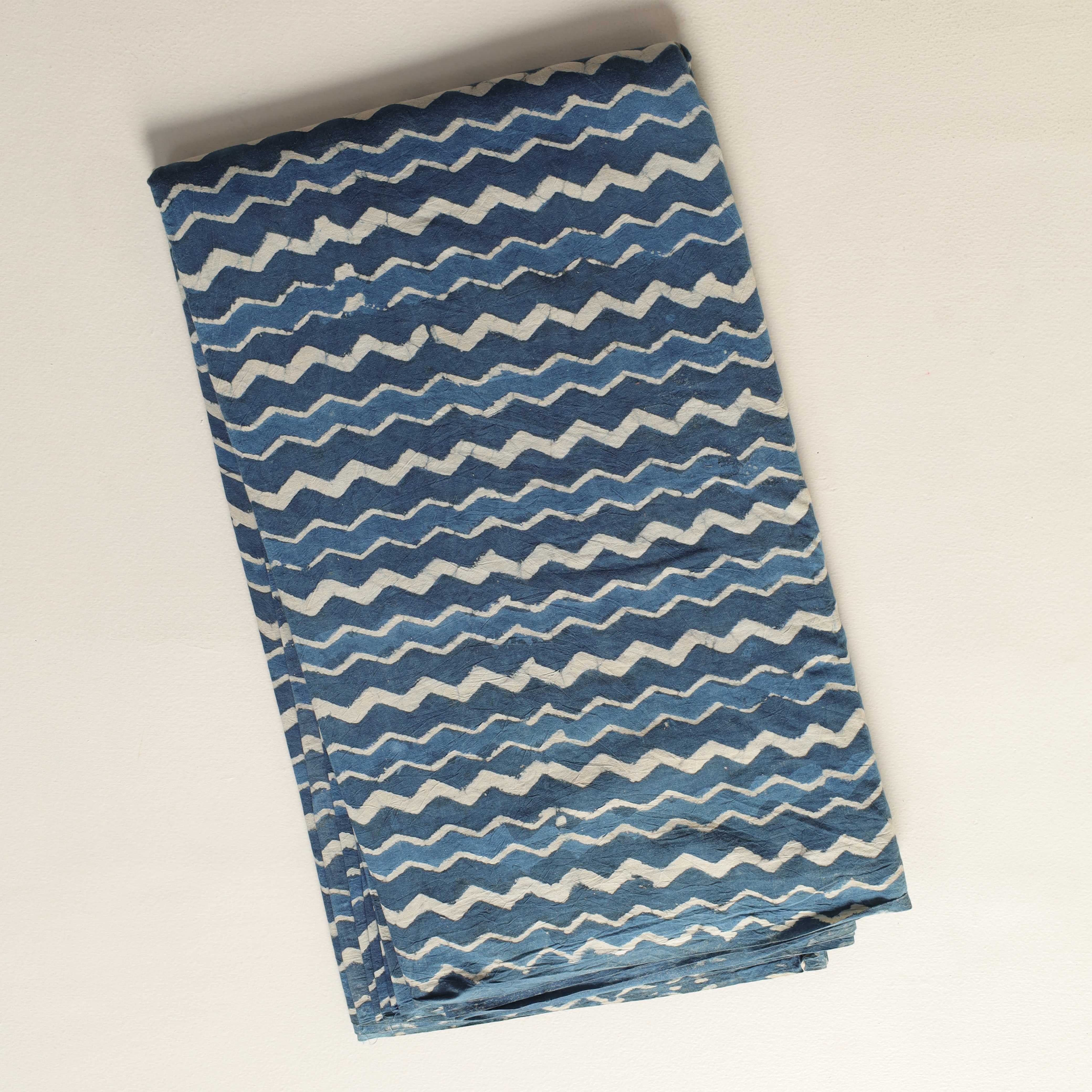 Artisan Hand Block Printed Cotton Fabric - Indigo & White Zig-Zag