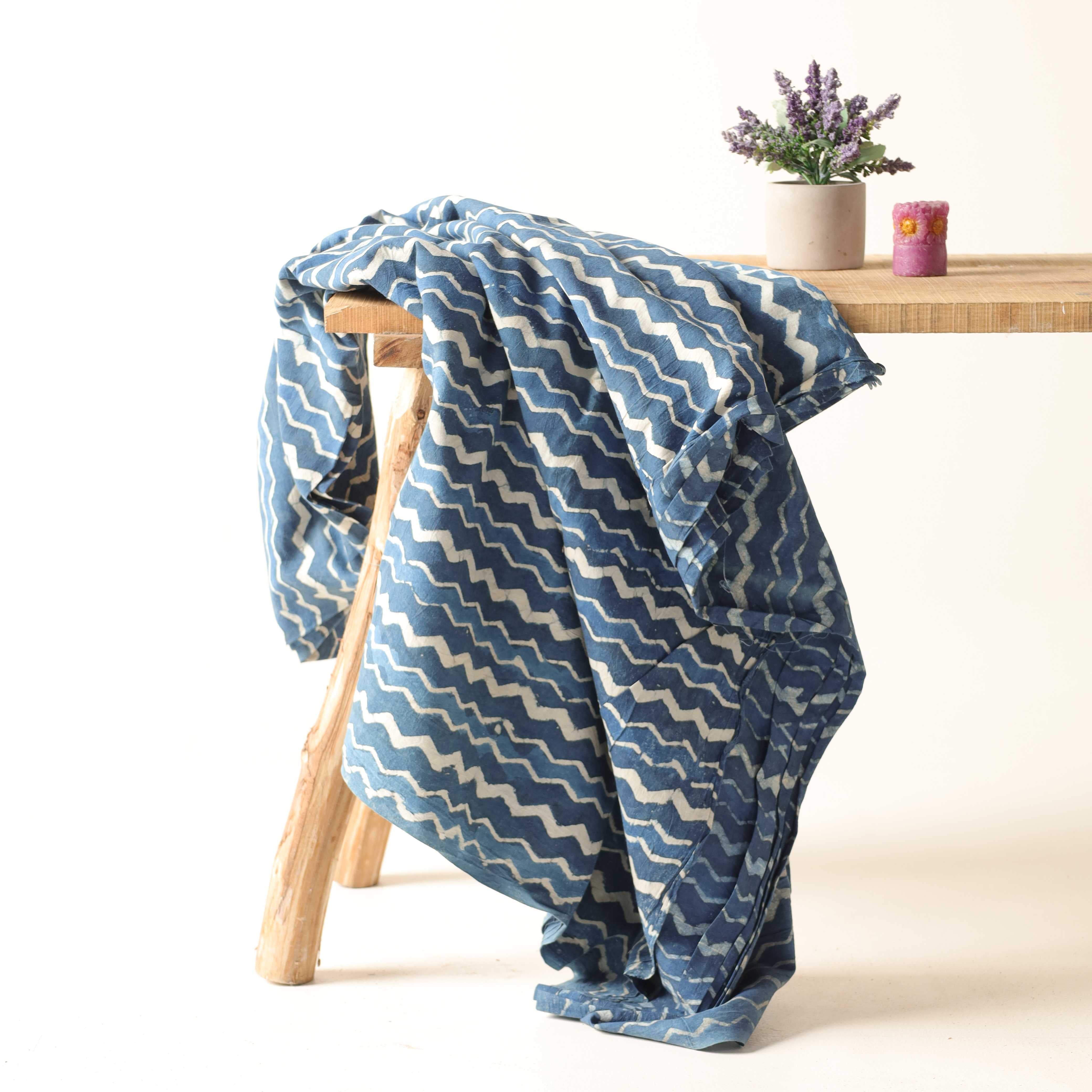 Artisan Hand Block Printed Cotton Fabric - Indigo & White Zig-Zag