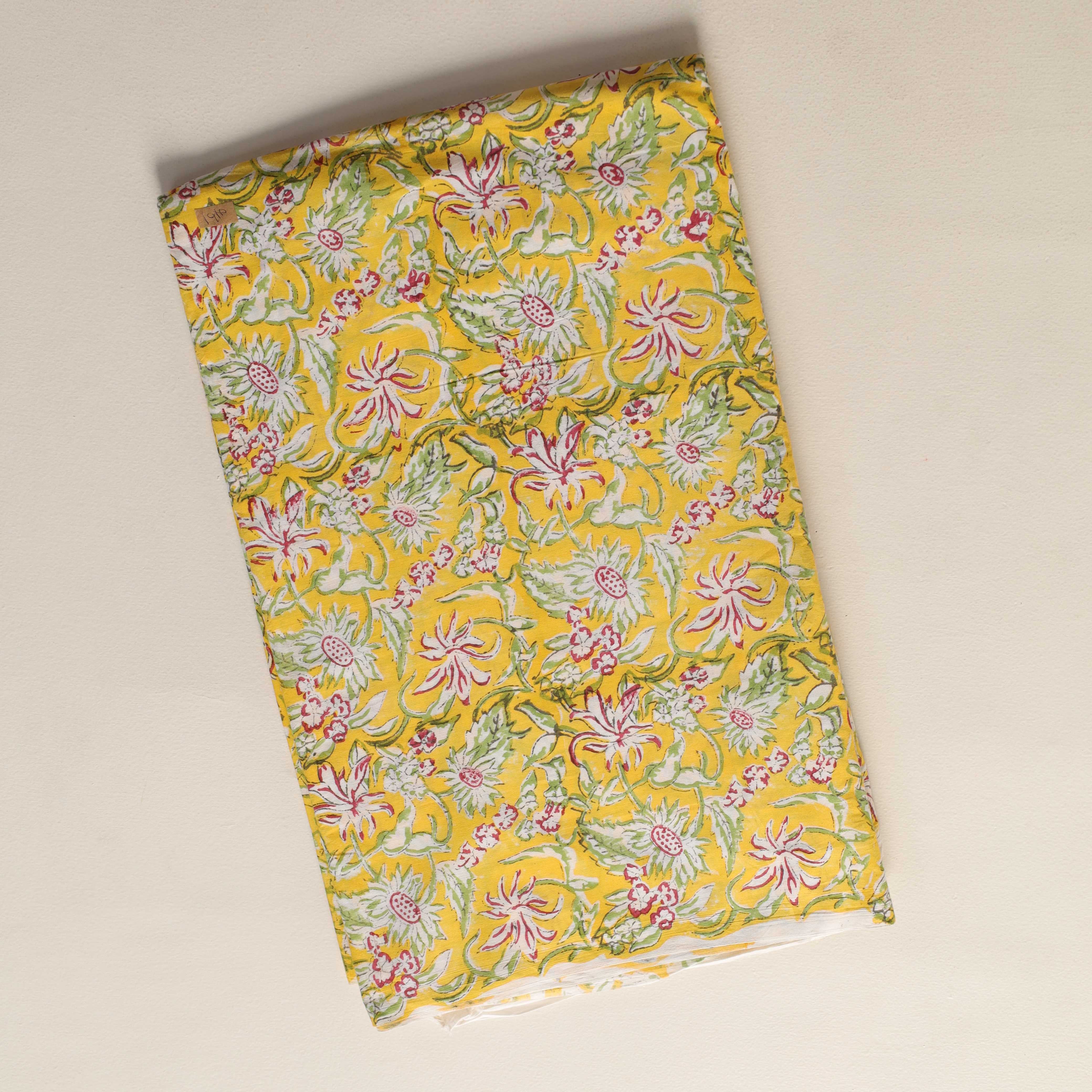 Mustard Yellow Floral Hand Block Printed Cotton Fabric