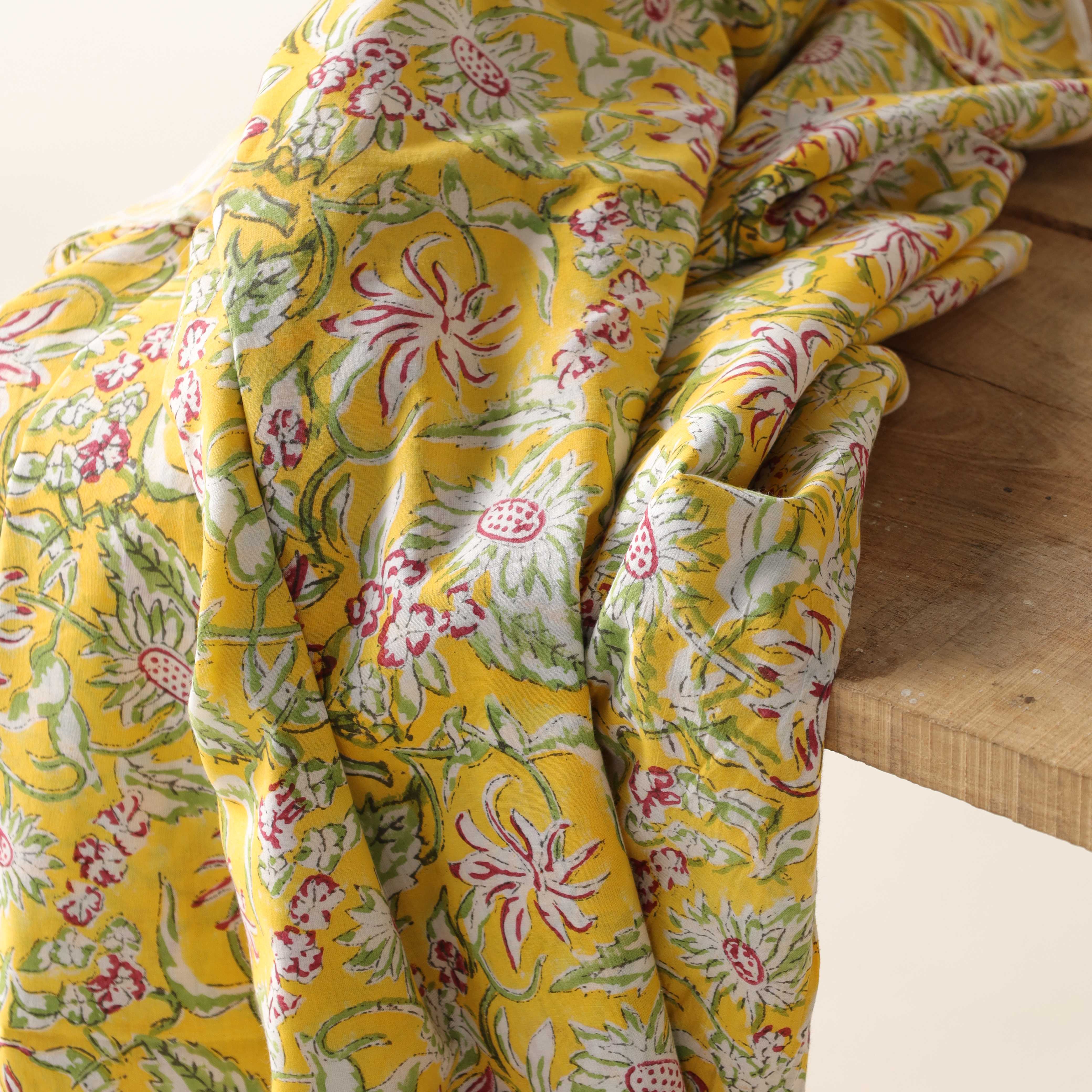 Mustard Yellow Floral Hand Block Printed Cotton Fabric