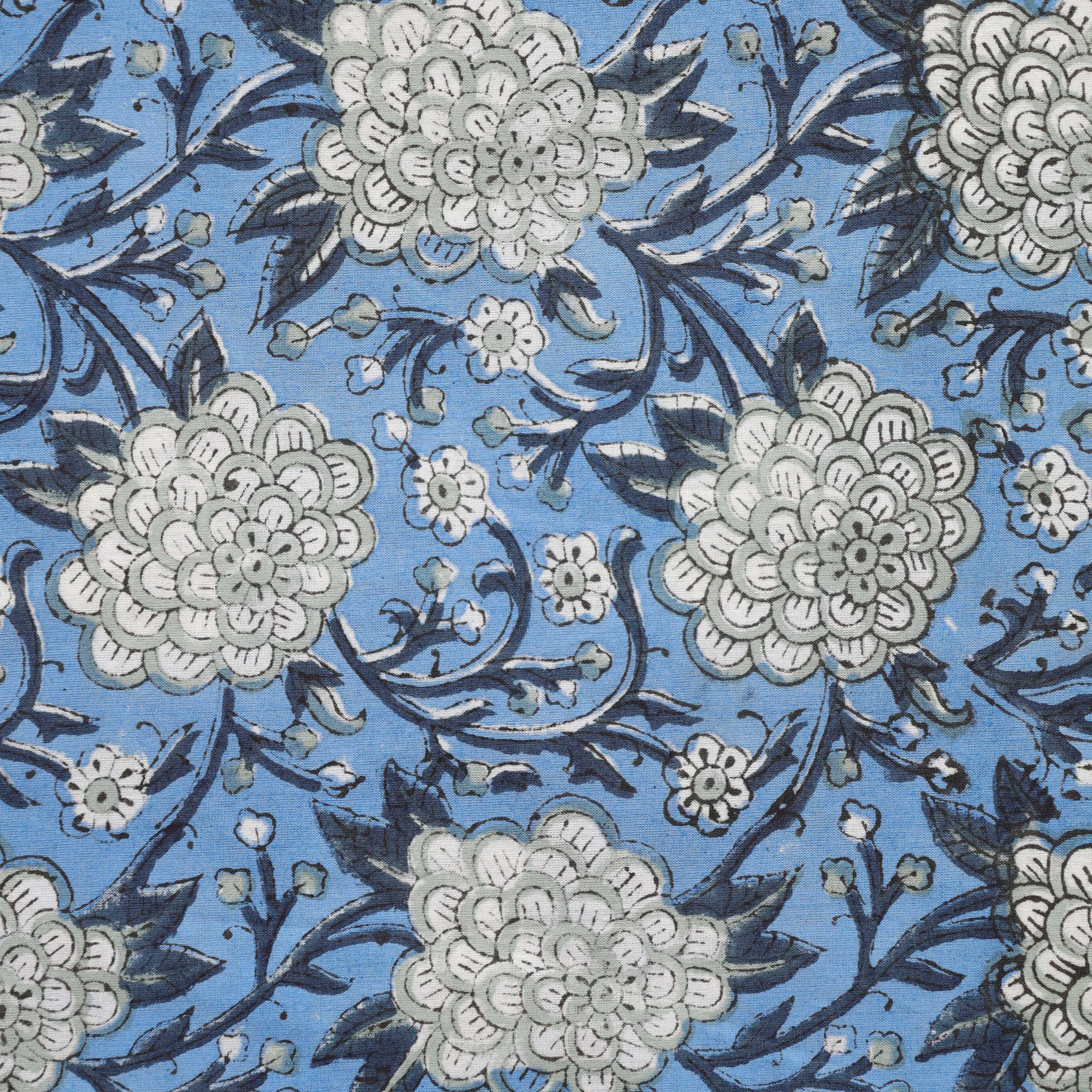 Sky Blue Peony Hand Block Printed Cotton Fabric