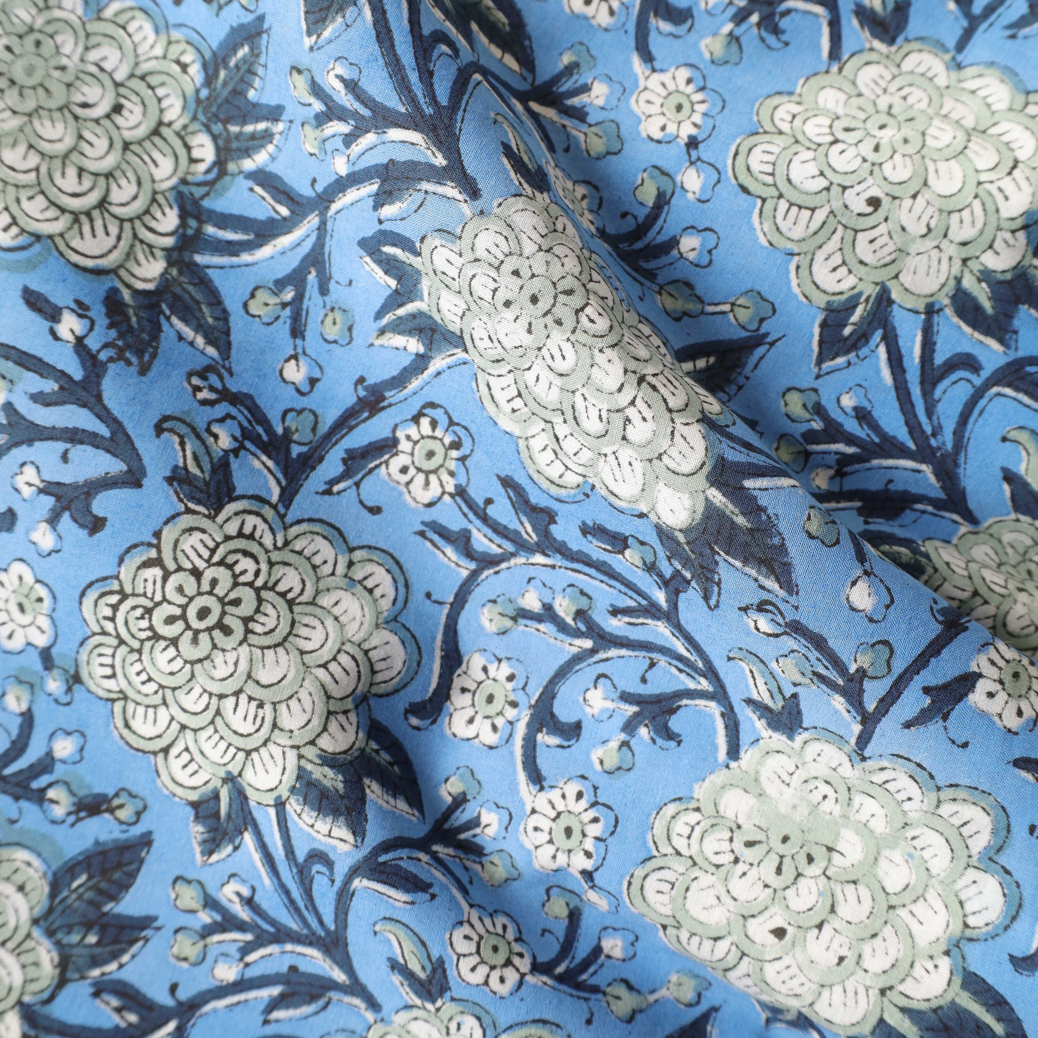 Sky Blue Peony Hand Block Printed Cotton Fabric