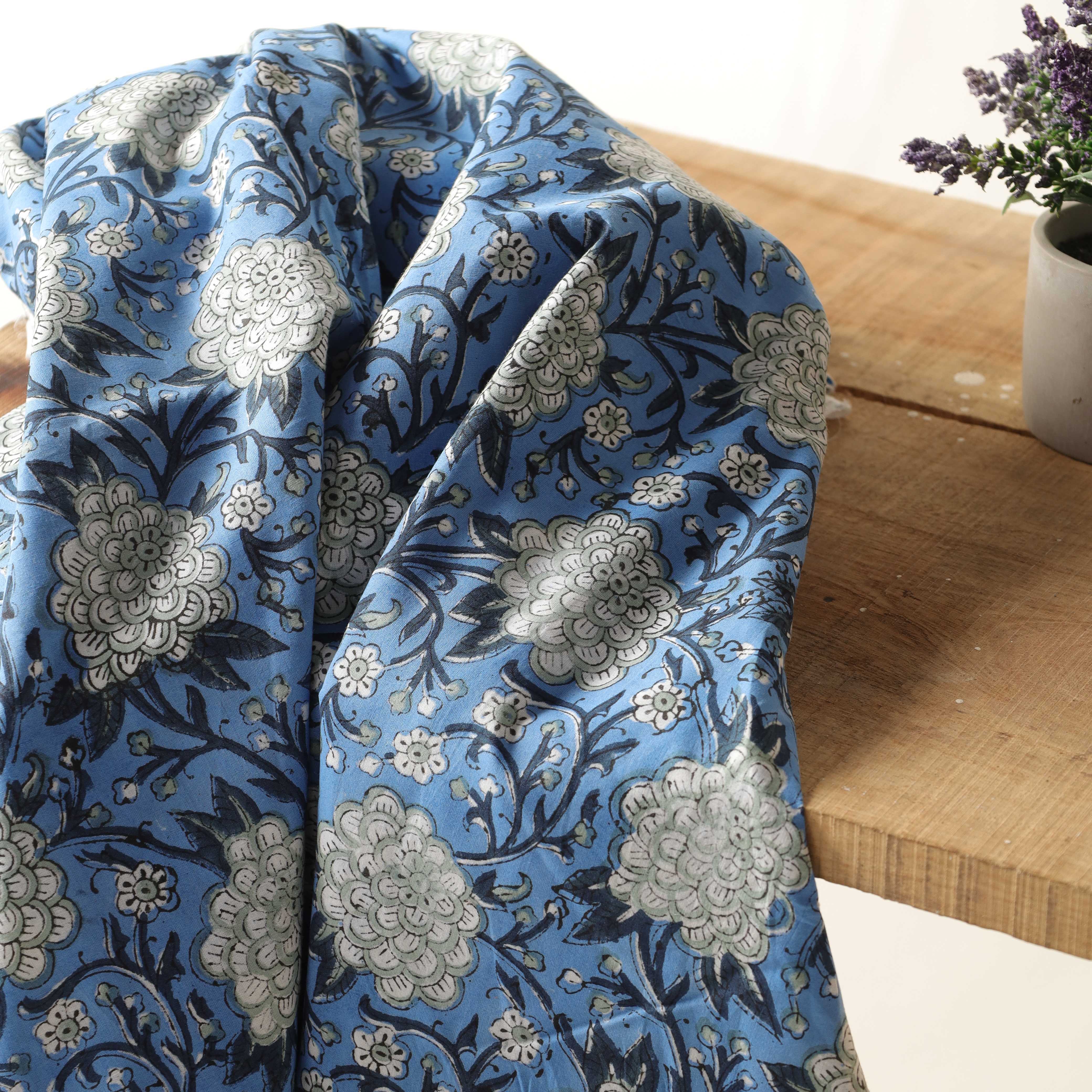 Sky Blue Peony Hand Block Printed Cotton Fabric