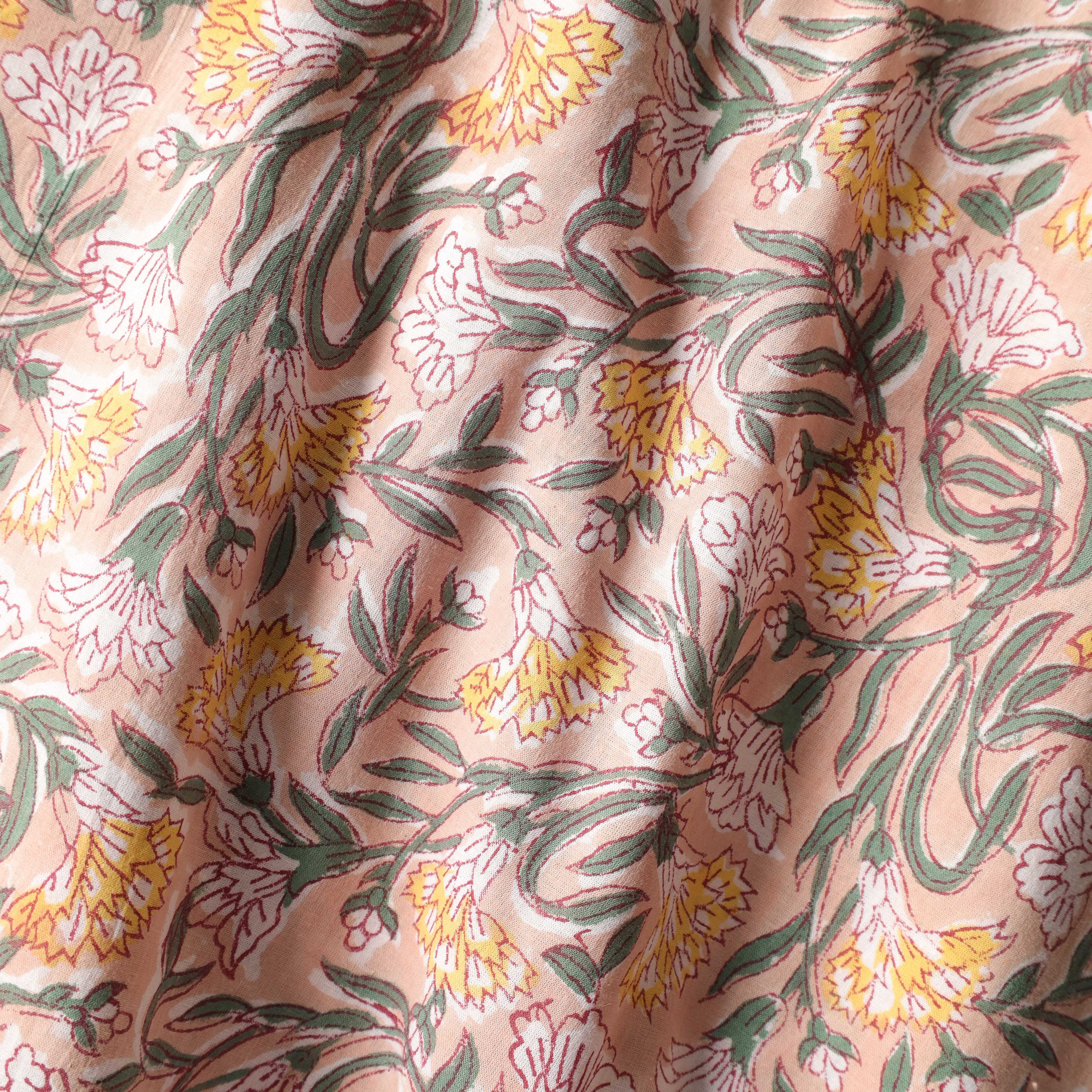 Peach Sorbet Floral Hand Block Printed Cotton Fabric