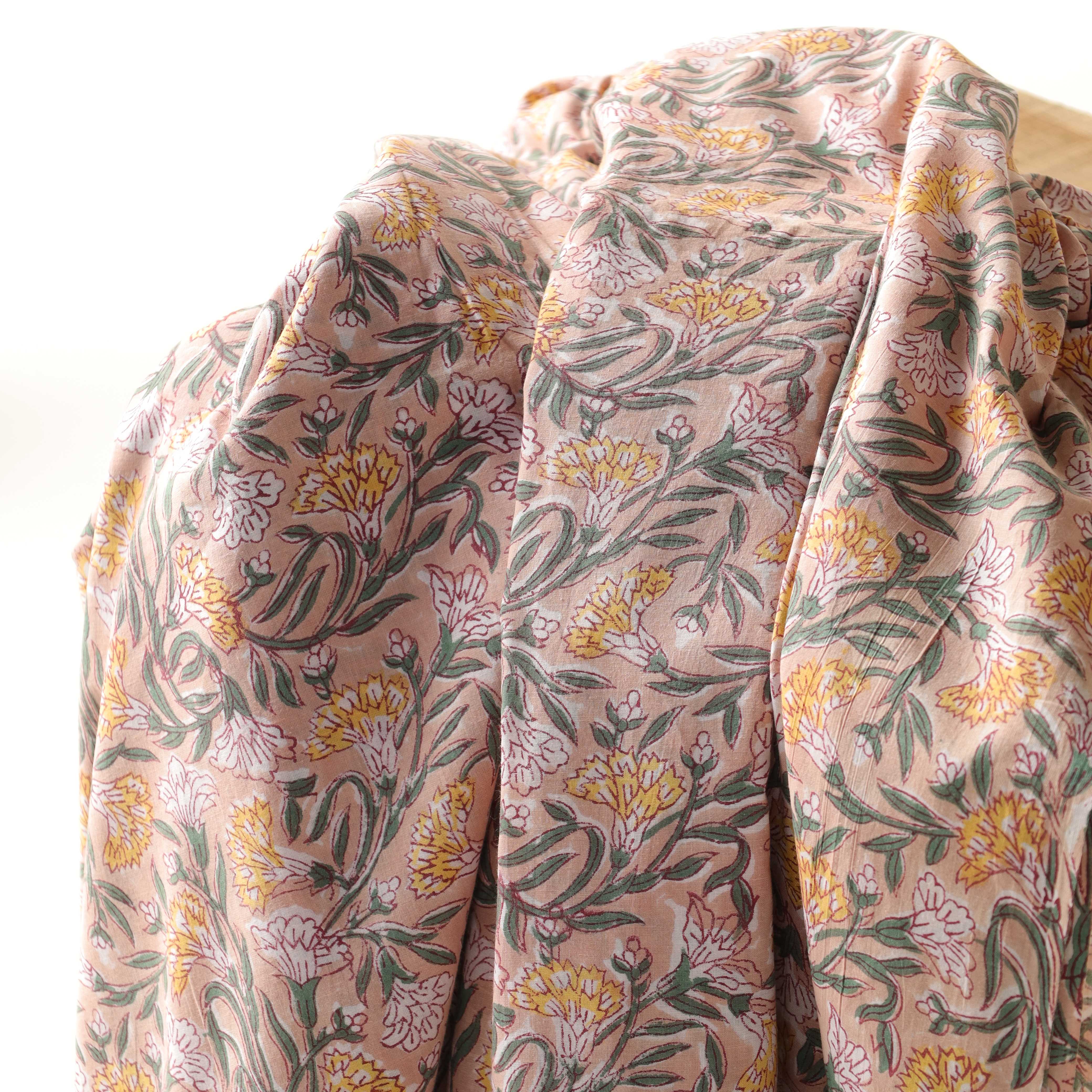 Peach Sorbet Floral Hand Block Printed Cotton Fabric