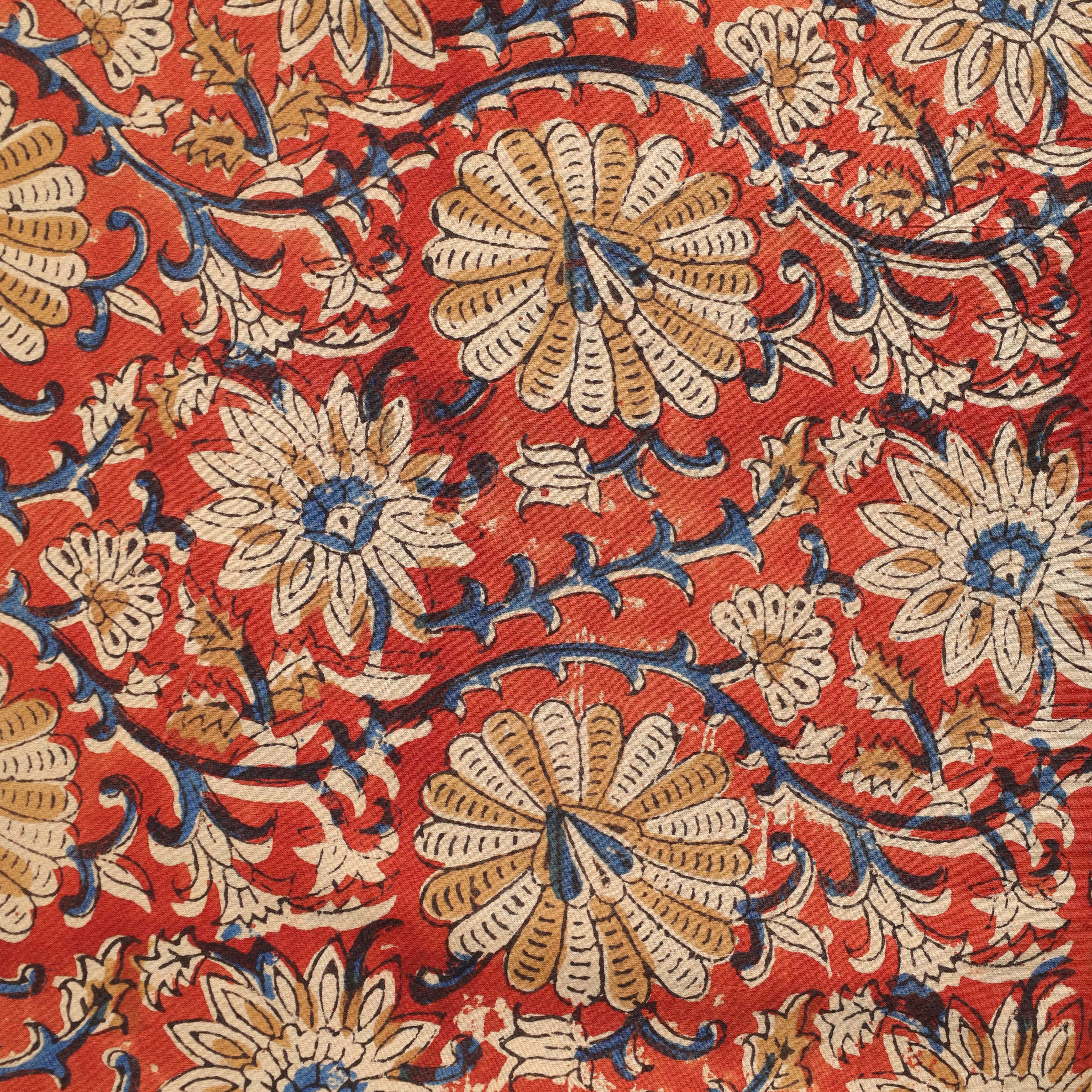 Terracotta & Teal Floral Hand Block Printed Cotton Fabric