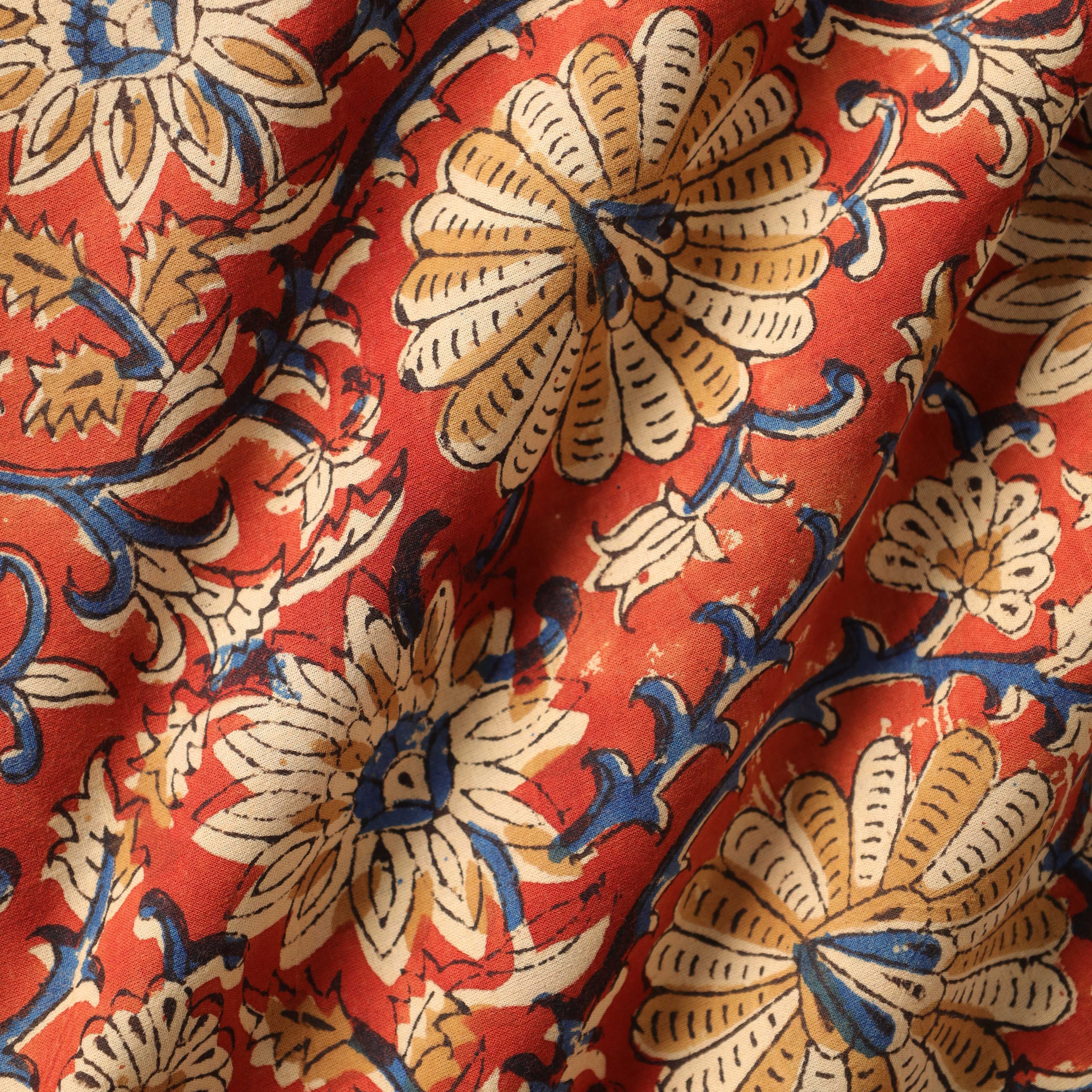Terracotta & Teal Floral Hand Block Printed Cotton Fabric
