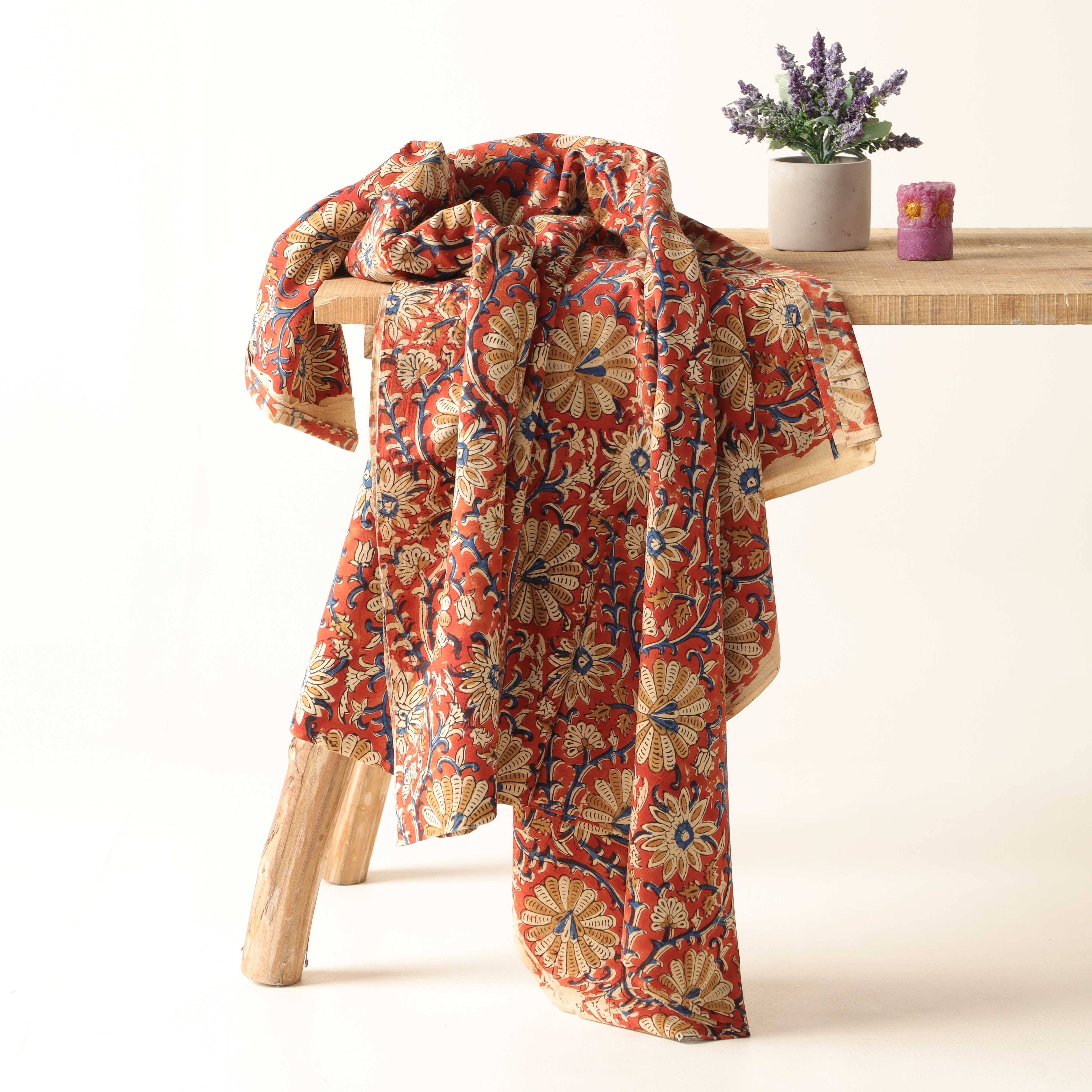 Terracotta & Teal Floral Hand Block Printed Cotton Fabric