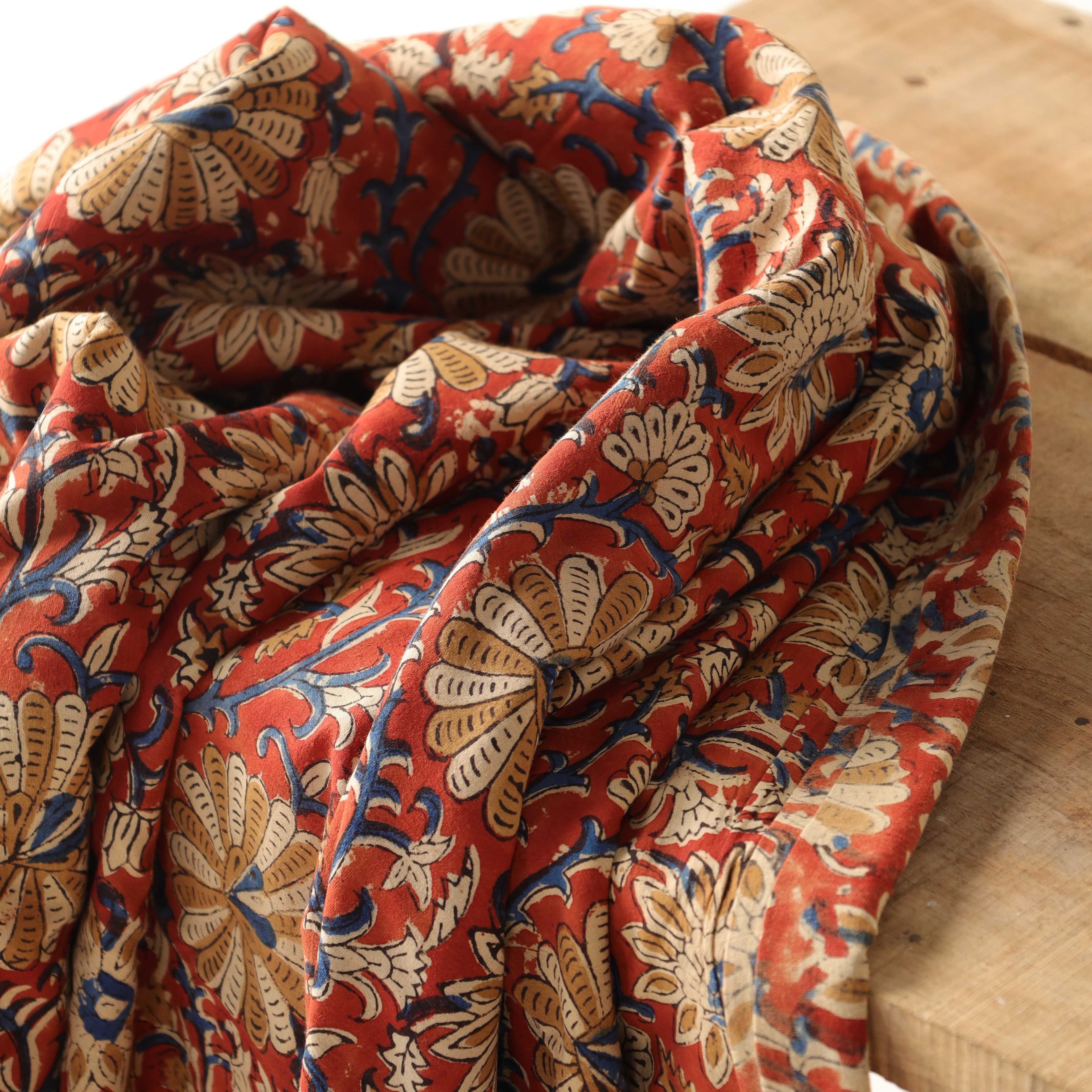 Terracotta & Teal Floral Hand Block Printed Cotton Fabric