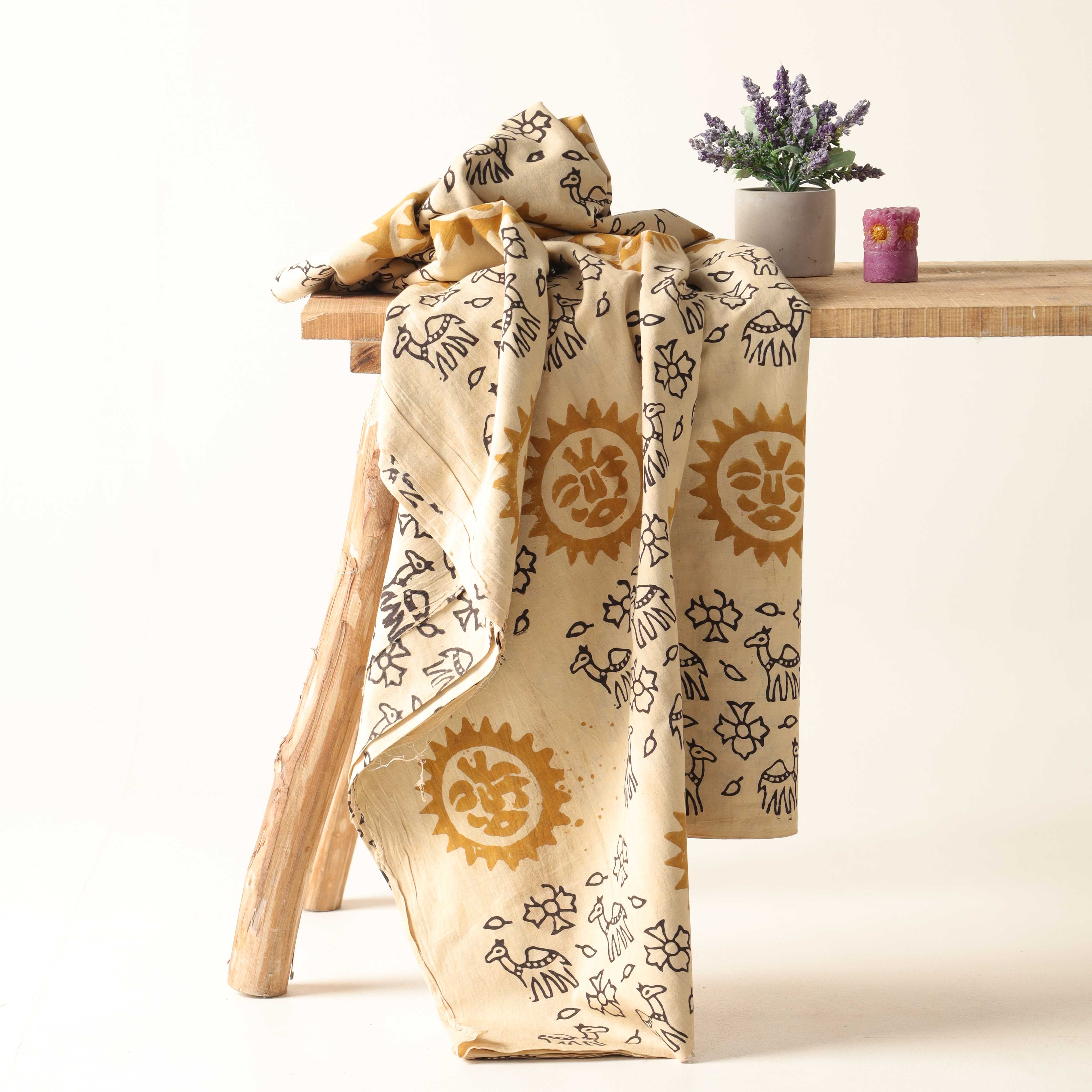 Artisan Hand Block Printed Cotton Fabric - Camel and Sun Motif in Ochre and Charcoal