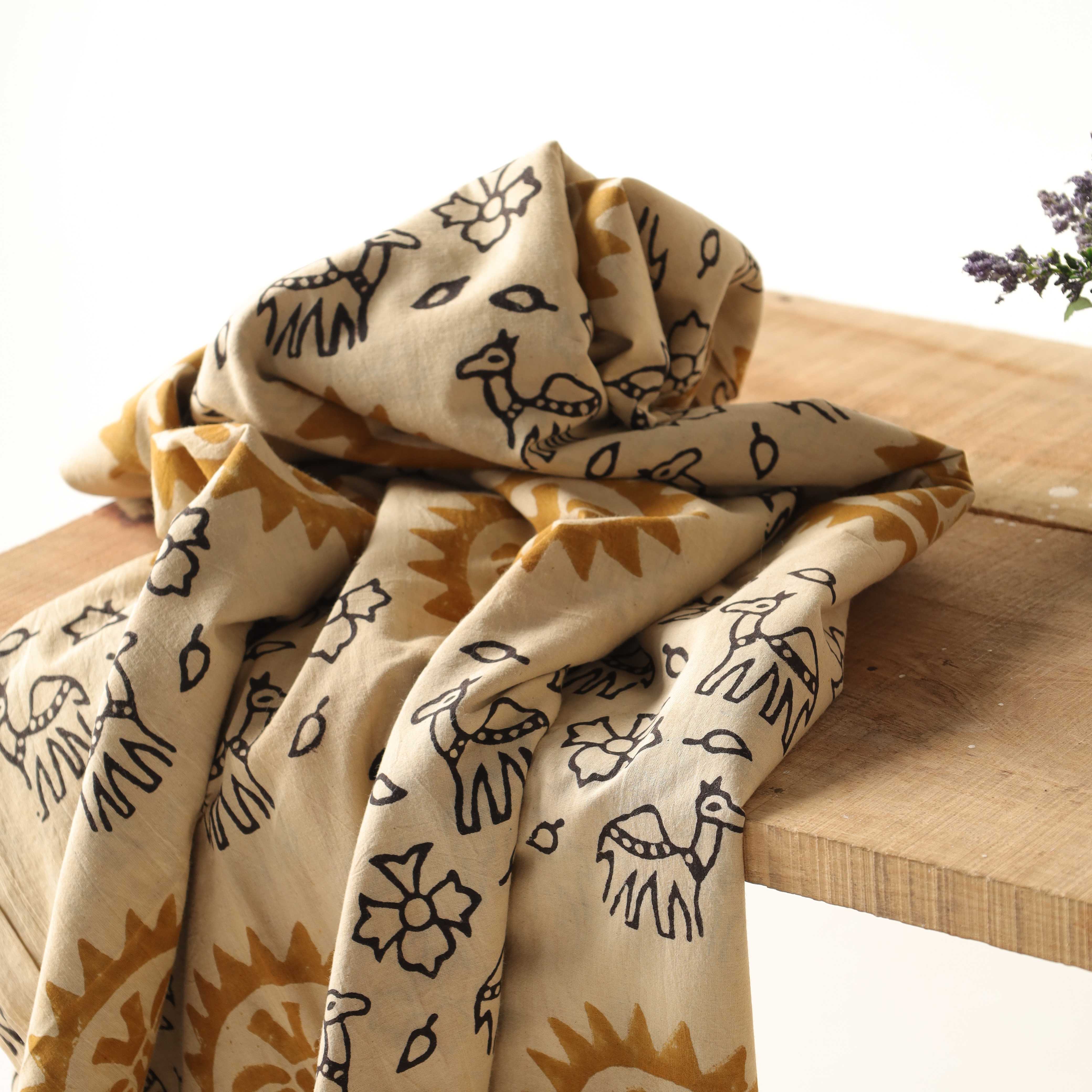 Artisan Hand Block Printed Cotton Fabric - Camel and Sun Motif in Ochre and Charcoal