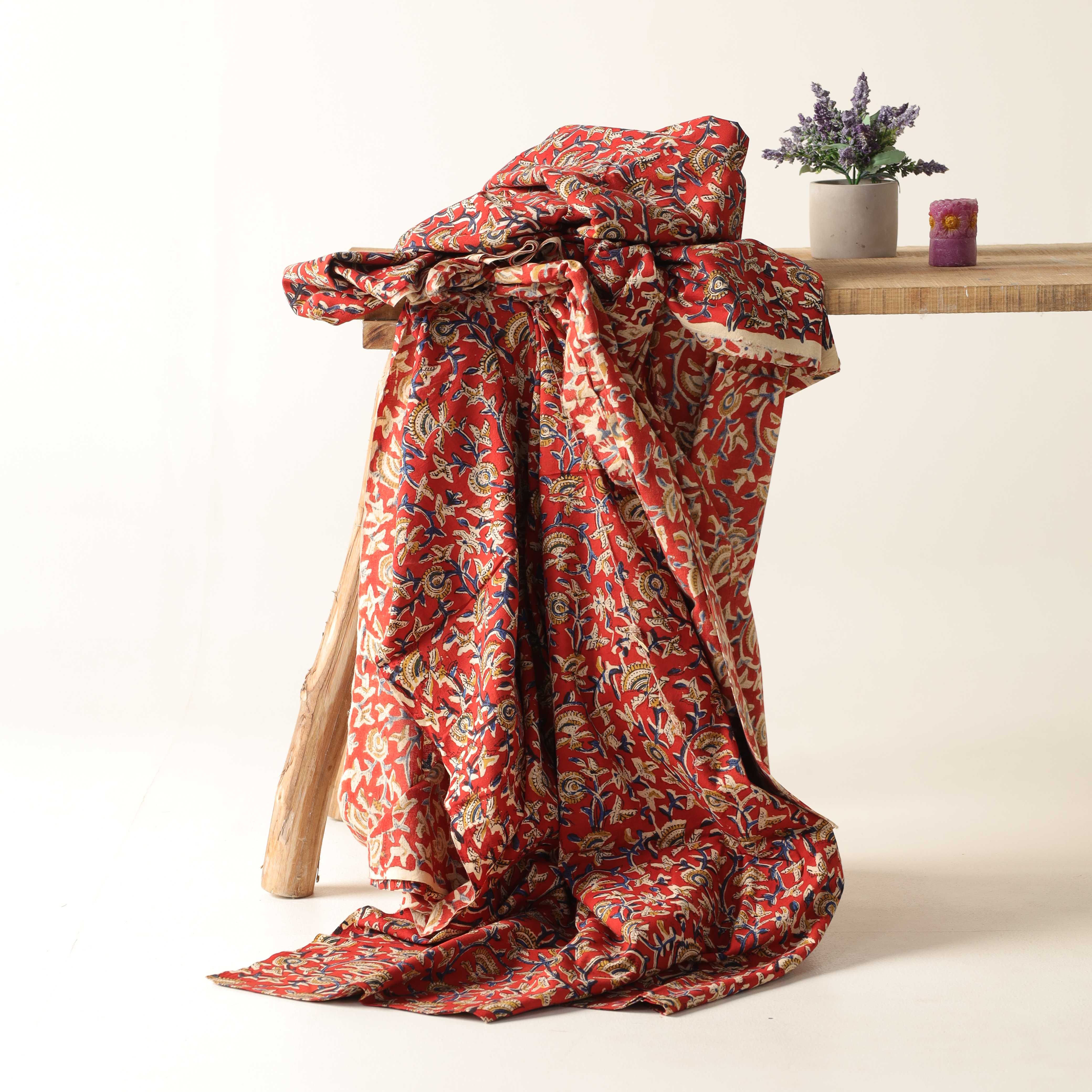 Artisan Hand Block Printed Cotton Fabric - Crimson Floral Vine