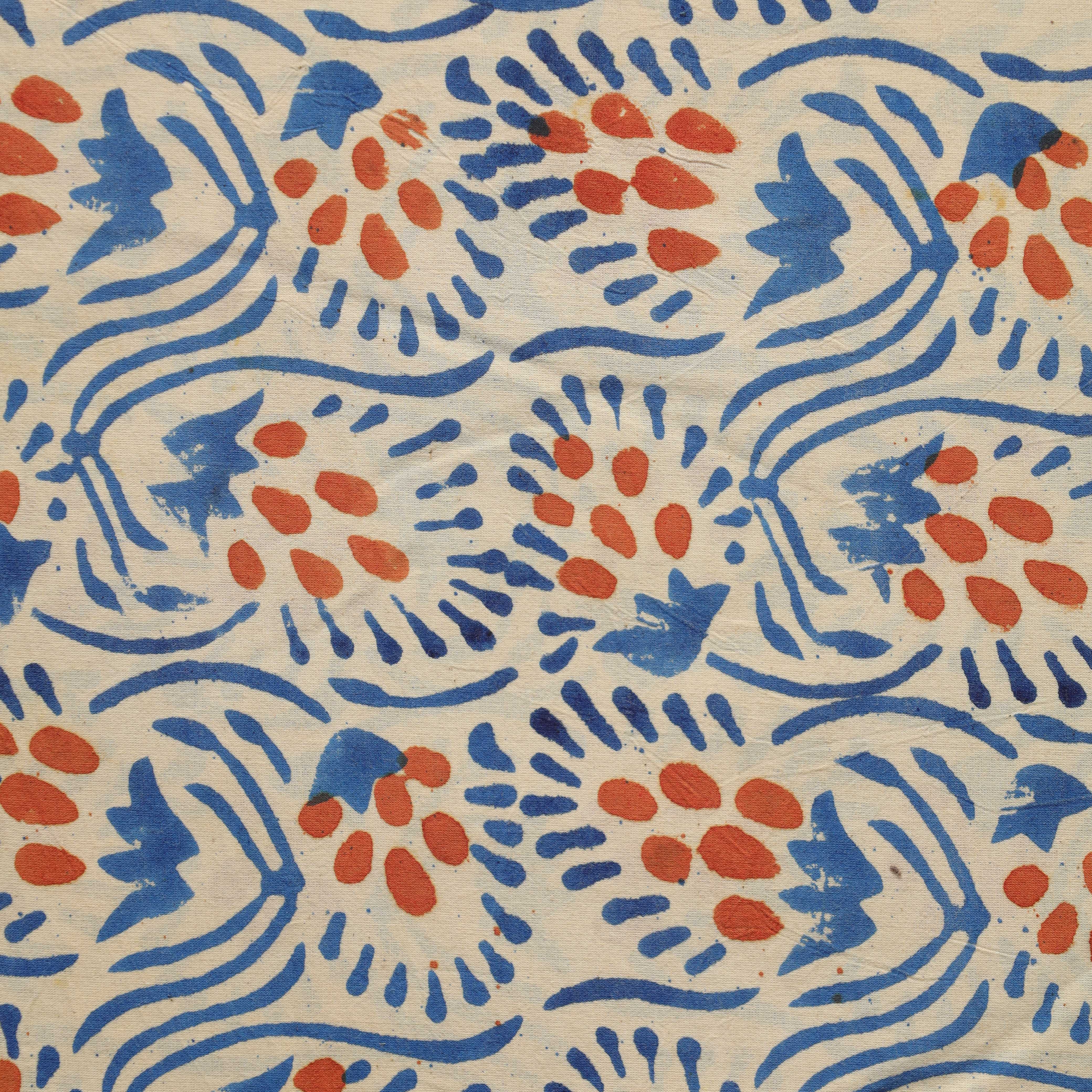 Artisan Hand Block Printed Cotton Fabric - Indigo and Terra Cotta Abstract Motif