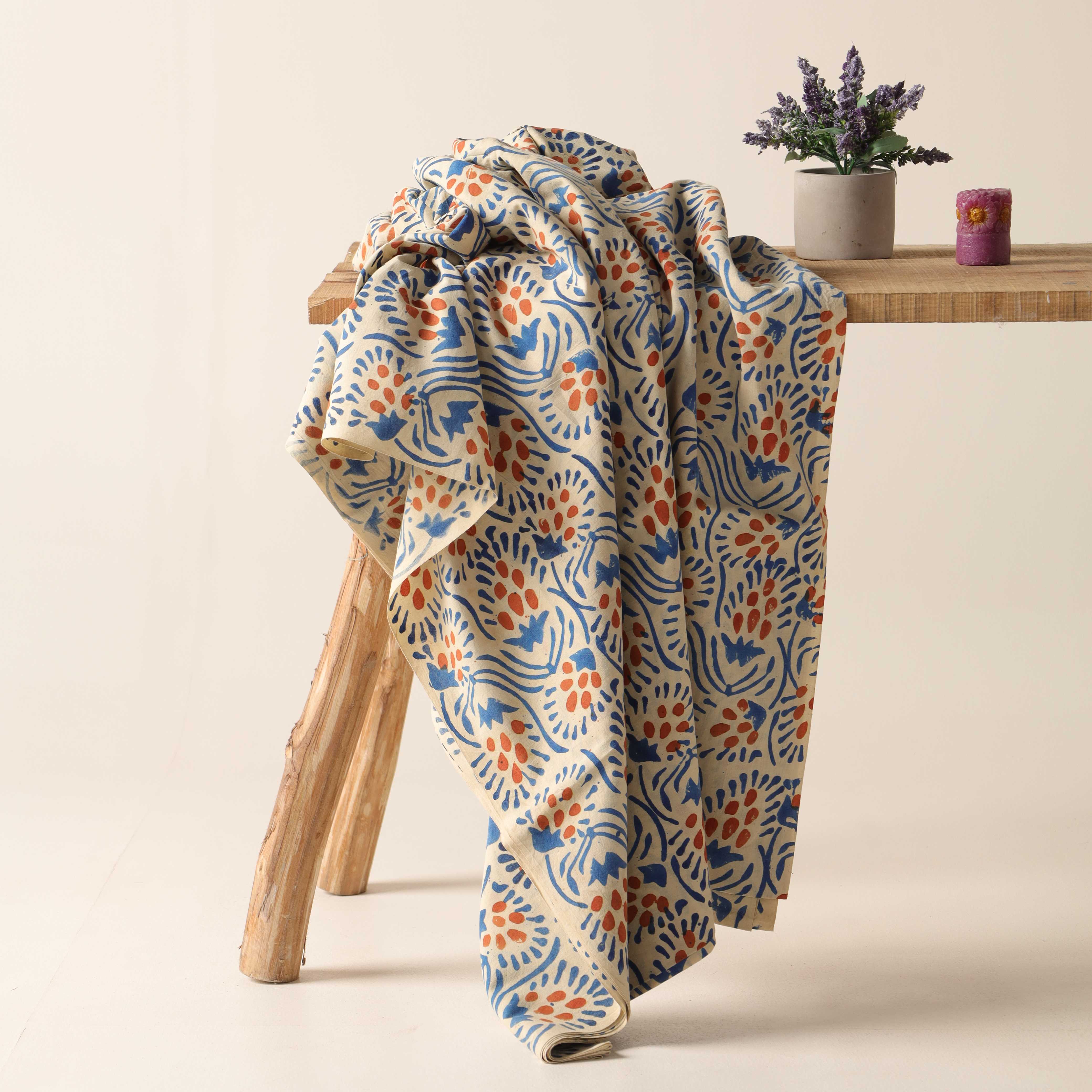 Artisan Hand Block Printed Cotton Fabric - Indigo and Terra Cotta Abstract Motif
