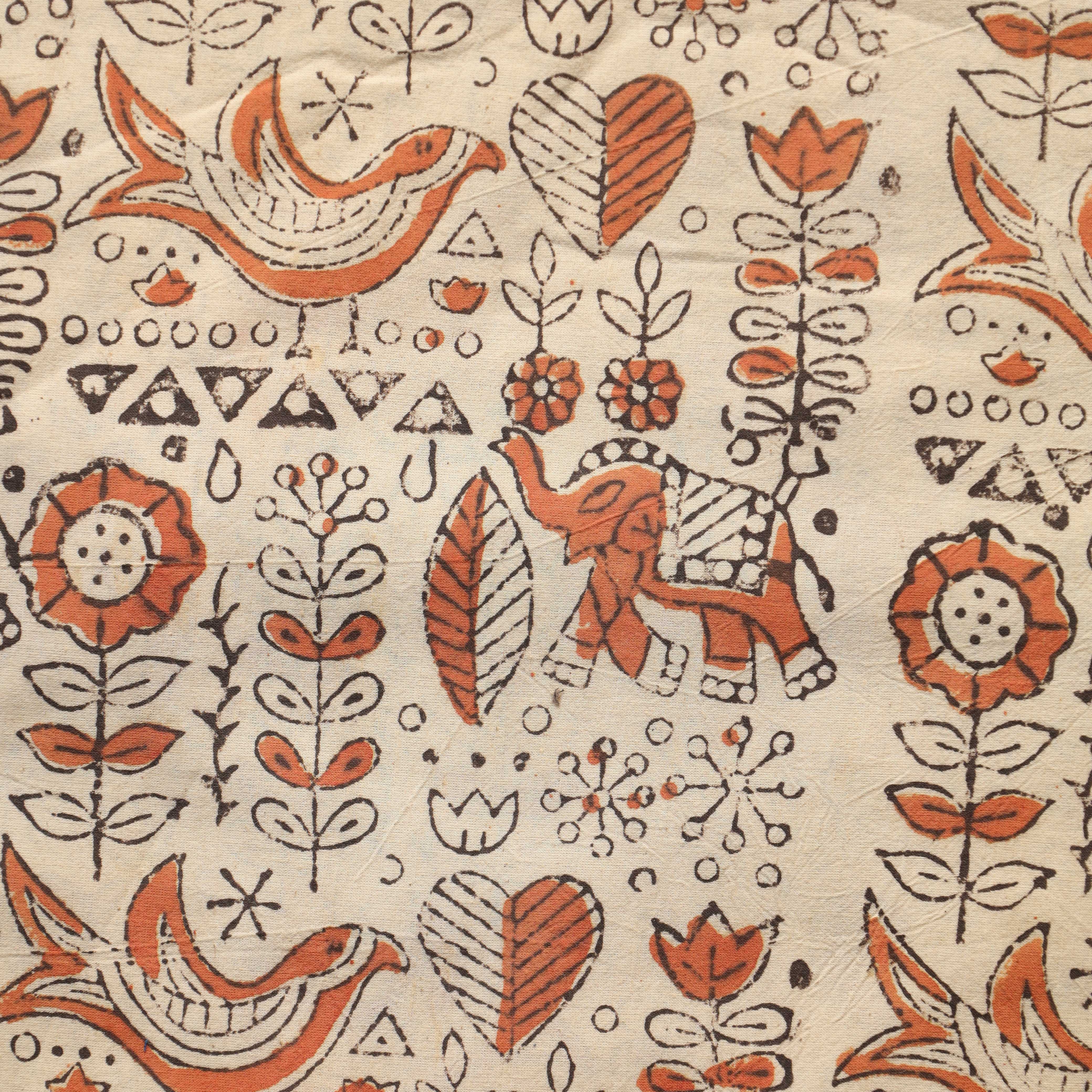 Artisan Hand Block Printed Cotton Fabric - Heritage Elephant and Avian Motif