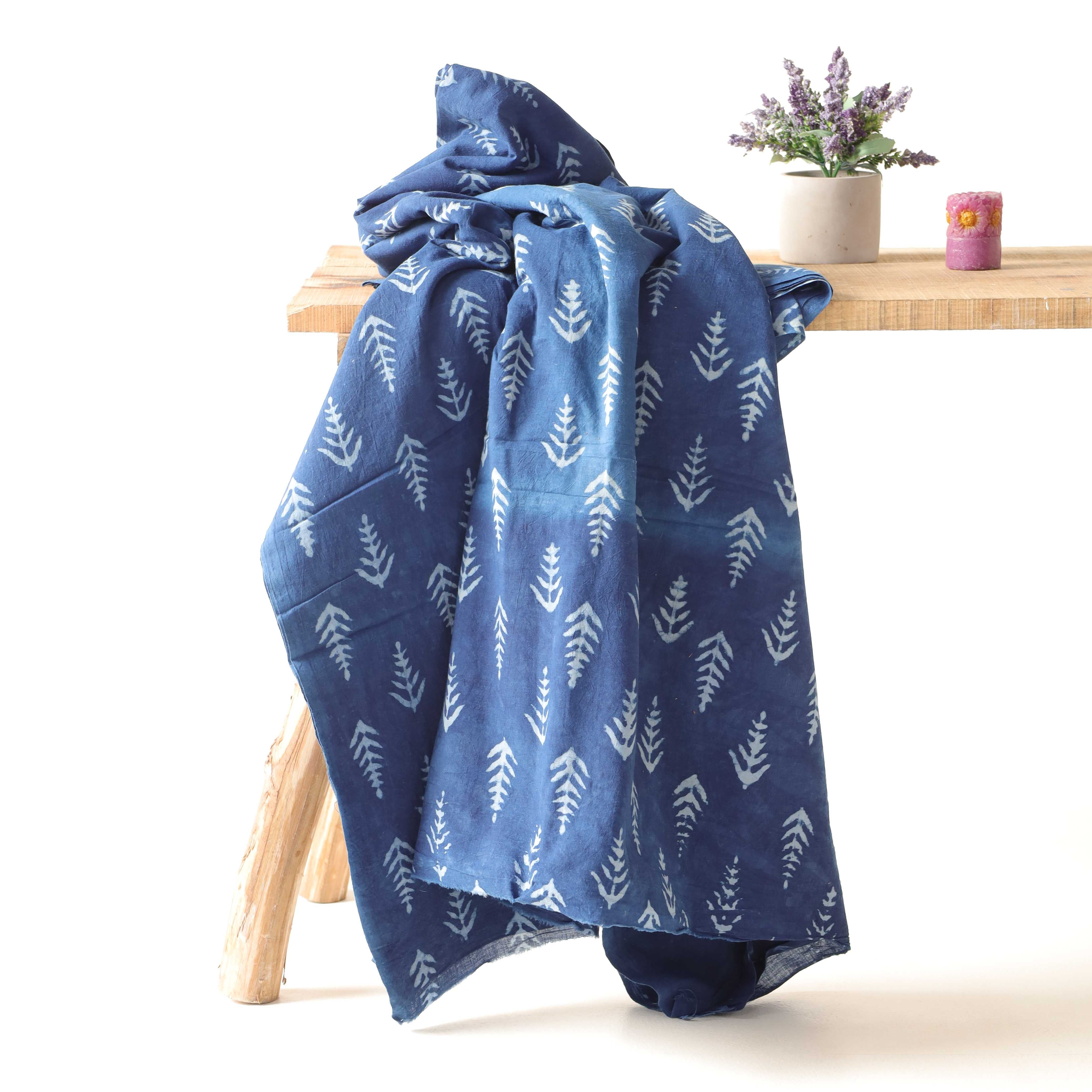 Artisan Hand Block Printed Cotton Fabric - Indigo Fir Tree Motif