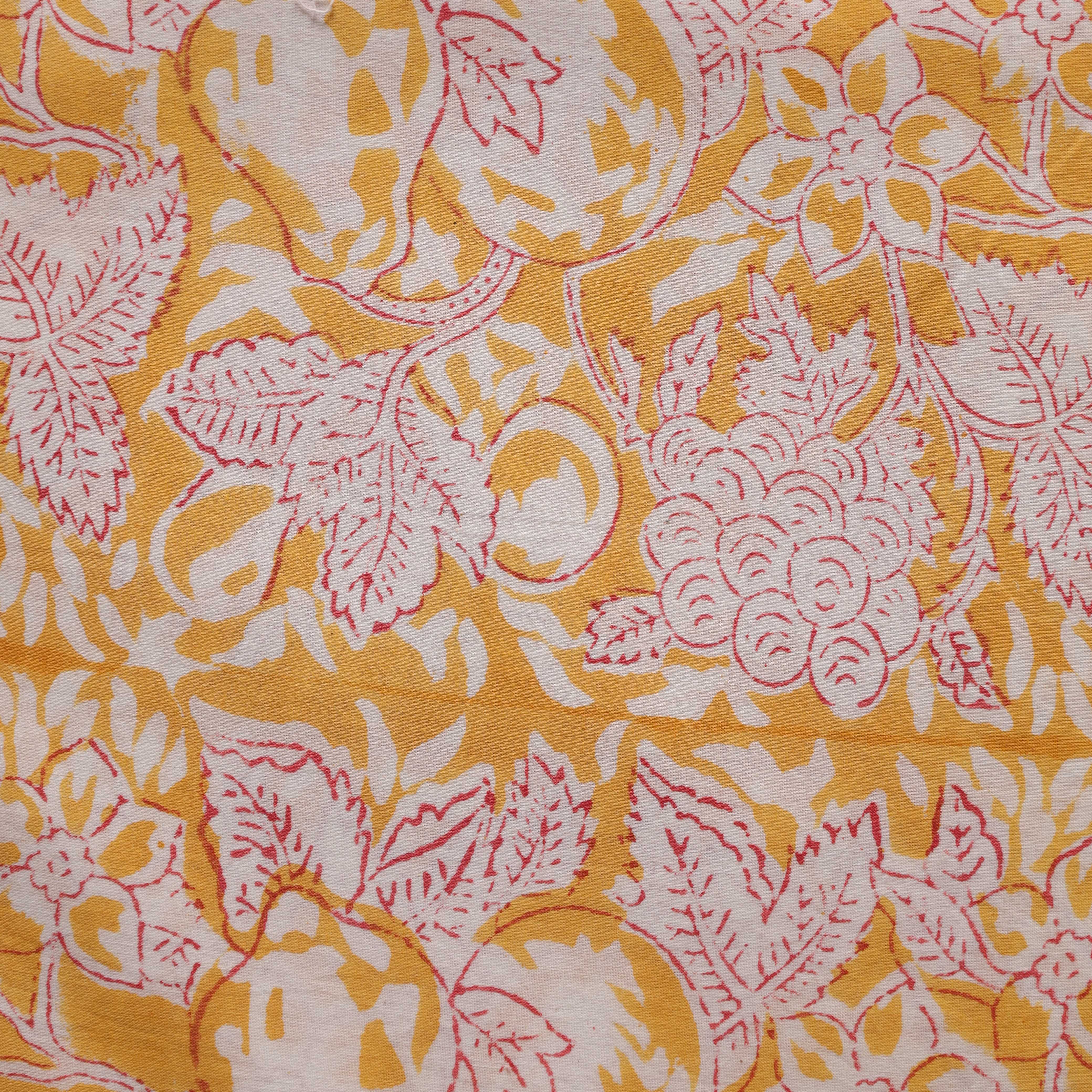 Artisan Hand Block Printed Cotton Fabric - Marigold Yellow & Floral Motif