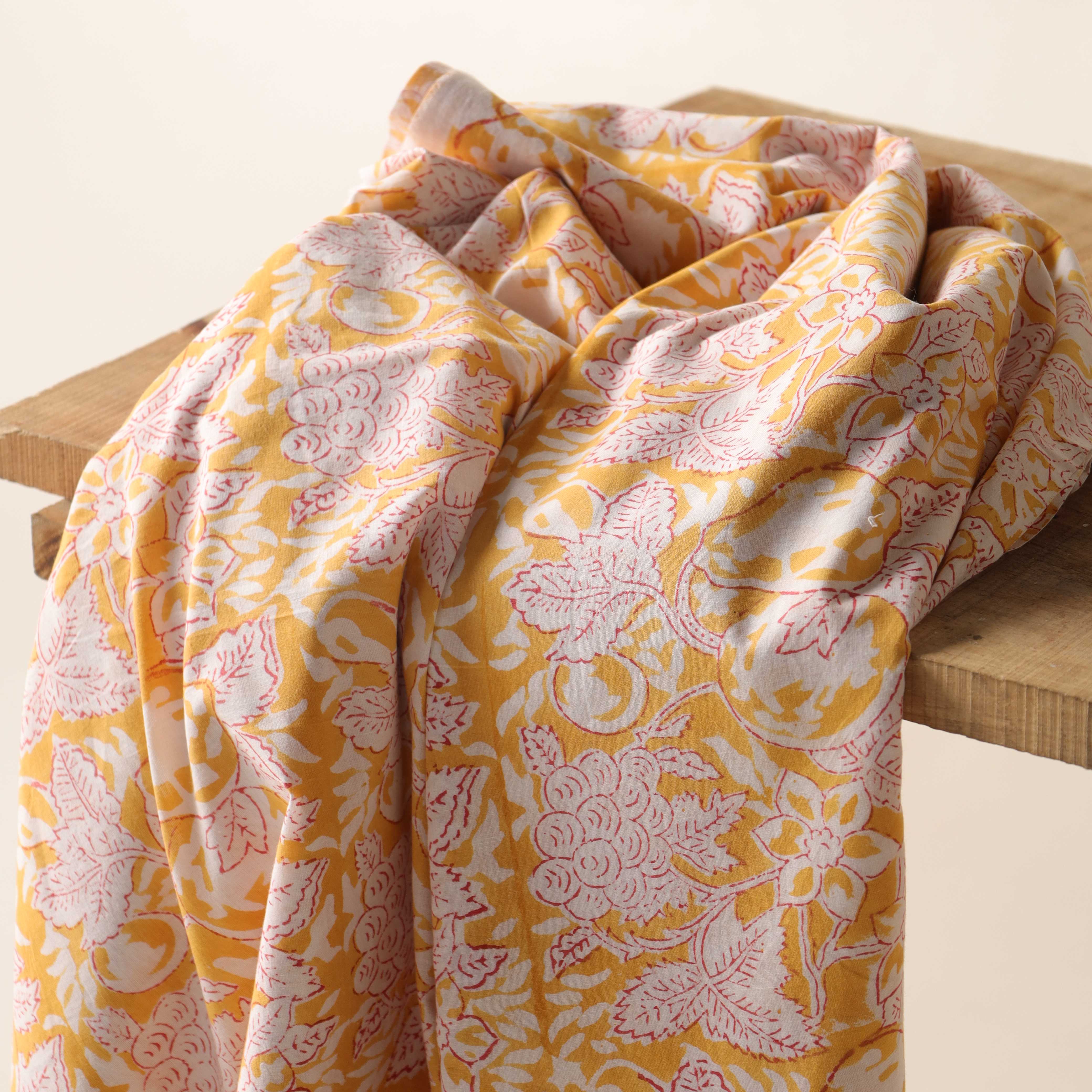Artisan Hand Block Printed Cotton Fabric - Marigold Yellow & Floral Motif