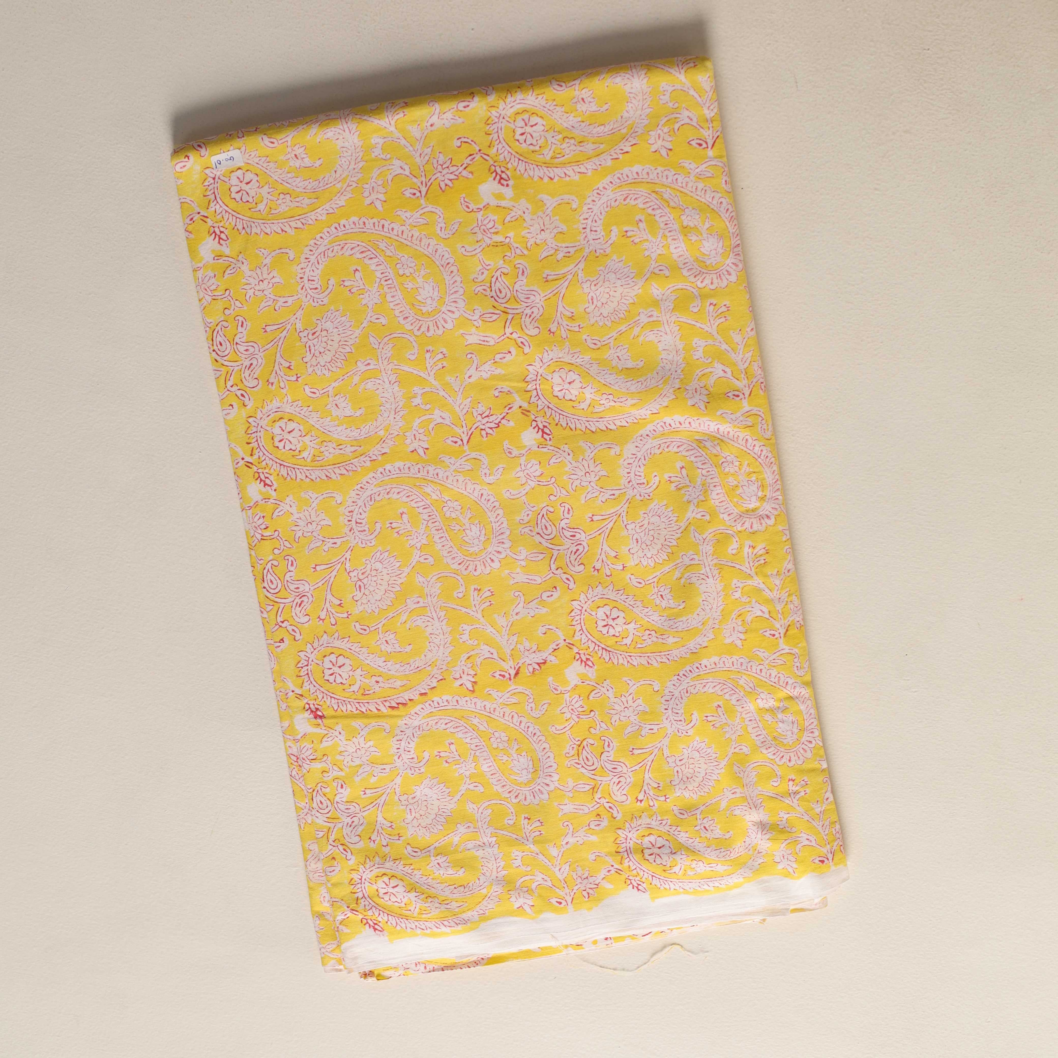Artisan Hand Block Printed Cotton Fabric - Golden Canary Paisley