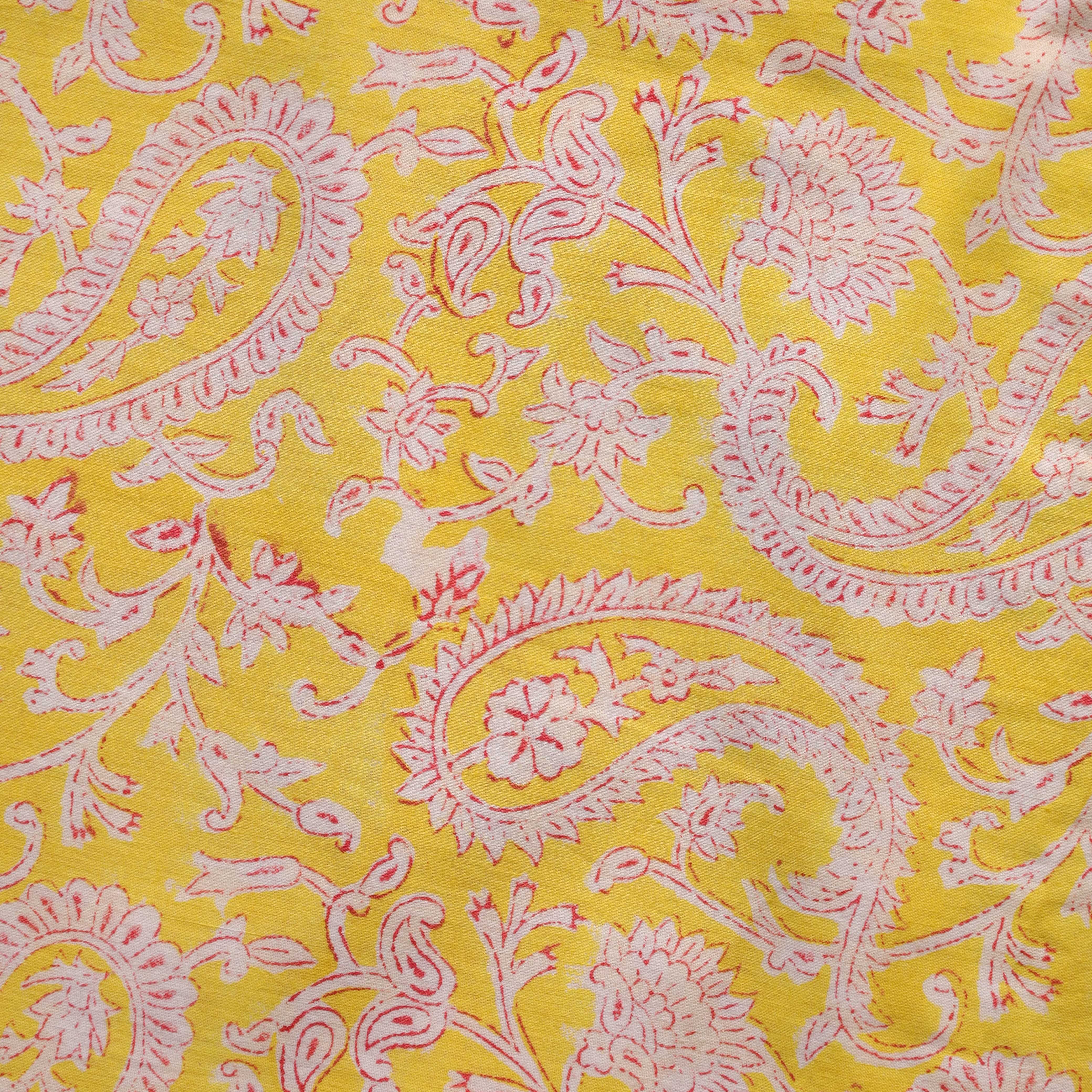 Artisan Hand Block Printed Cotton Fabric - Golden Canary Paisley