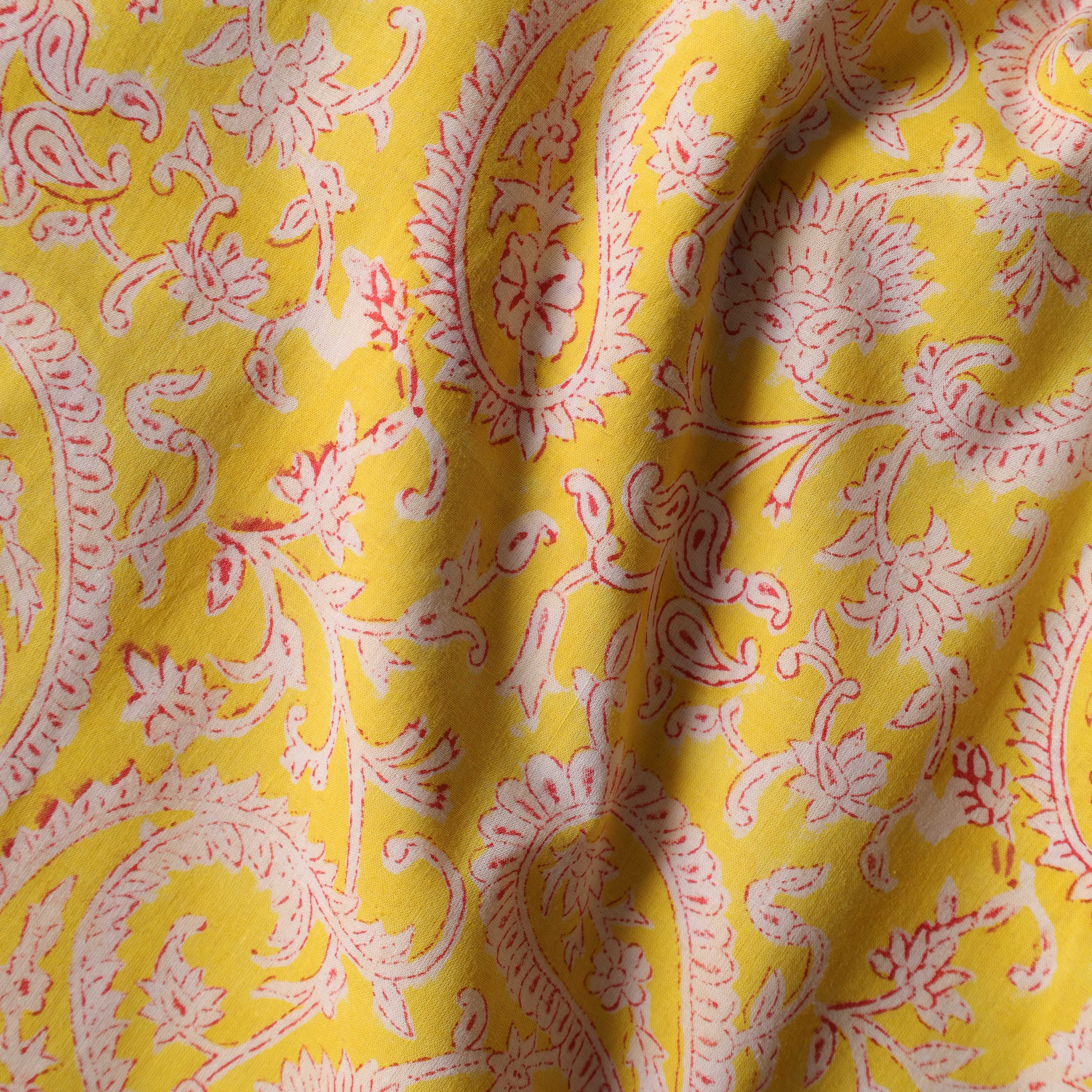 Artisan Hand Block Printed Cotton Fabric - Golden Canary Paisley