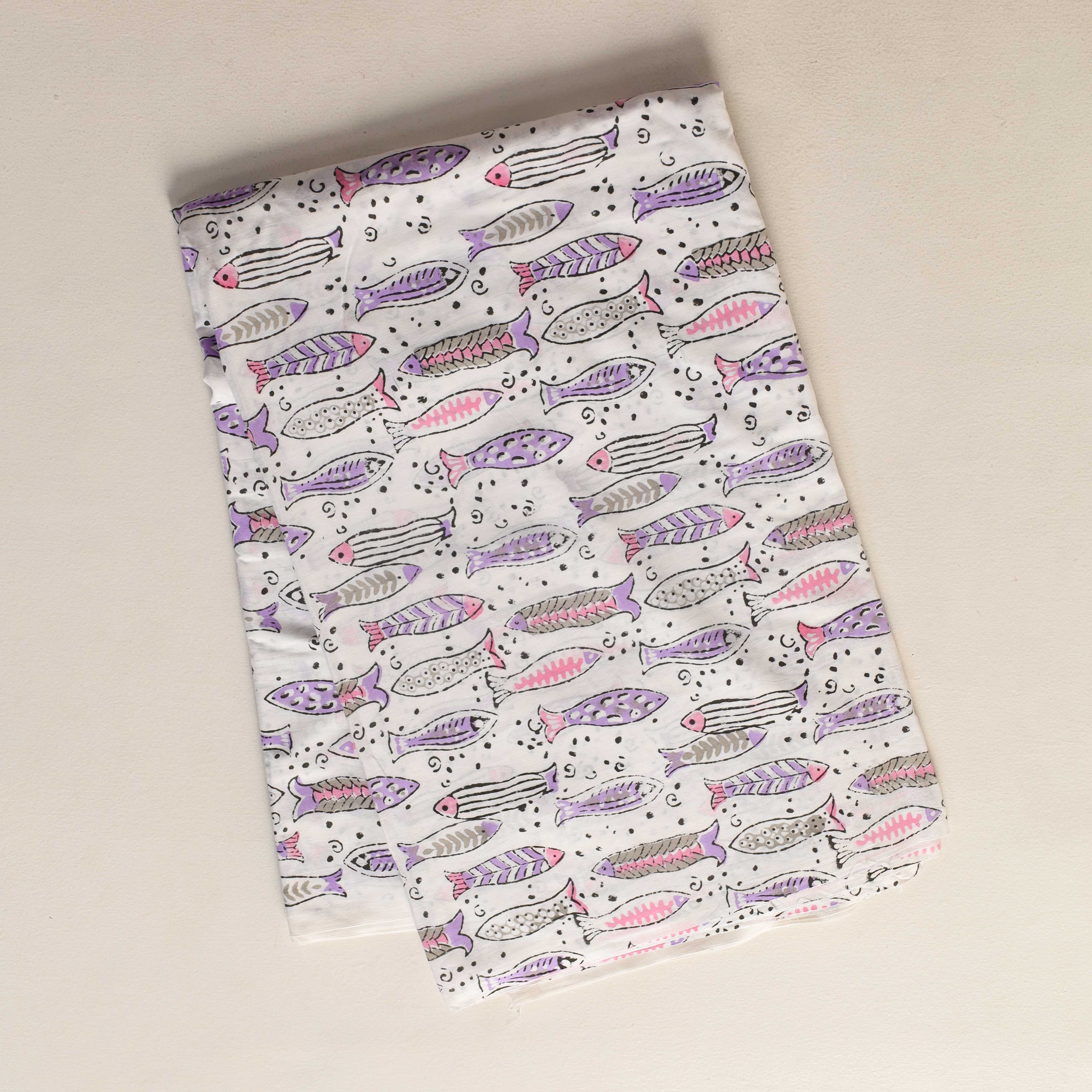 Artisan Hand Block Printed Cotton Fabric - Lavender & Grey Aquatic Motif