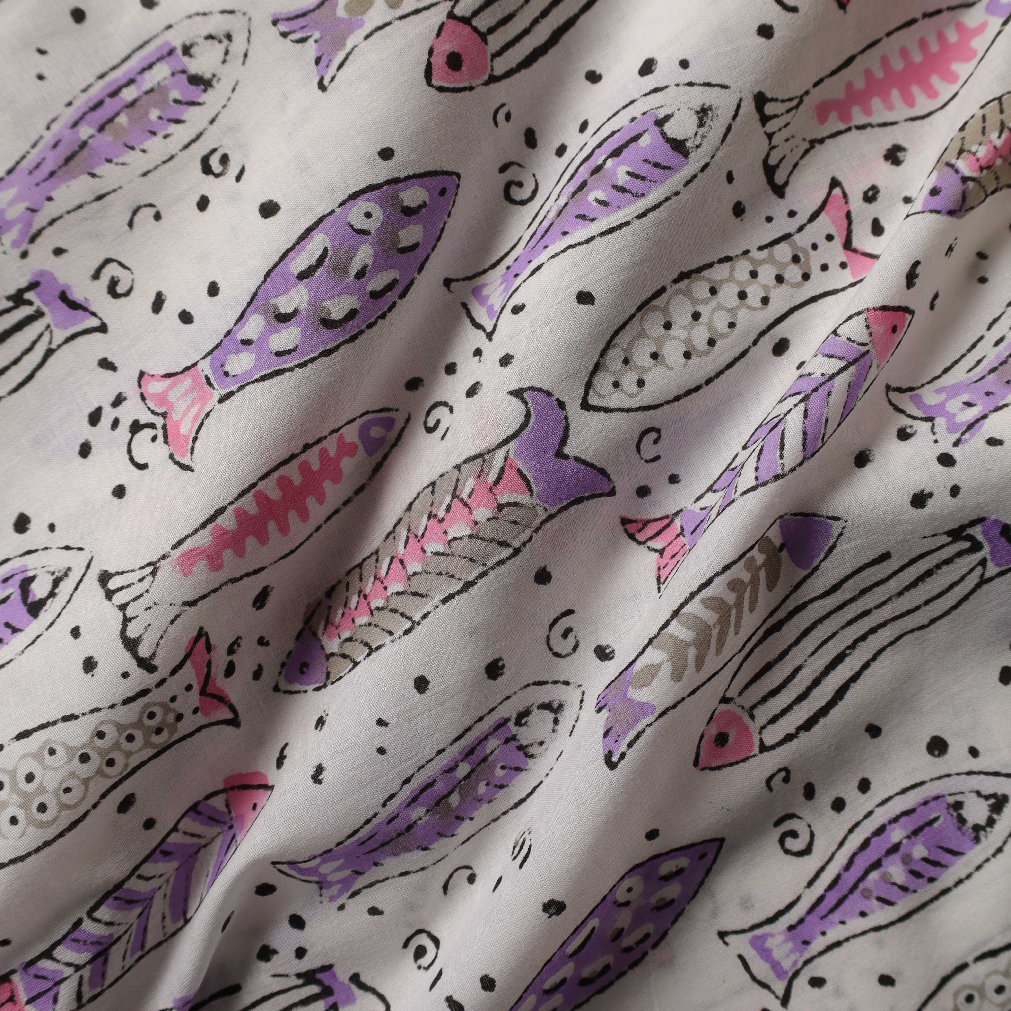 Artisan Hand Block Printed Cotton Fabric - Lavender & Grey Aquatic Motif