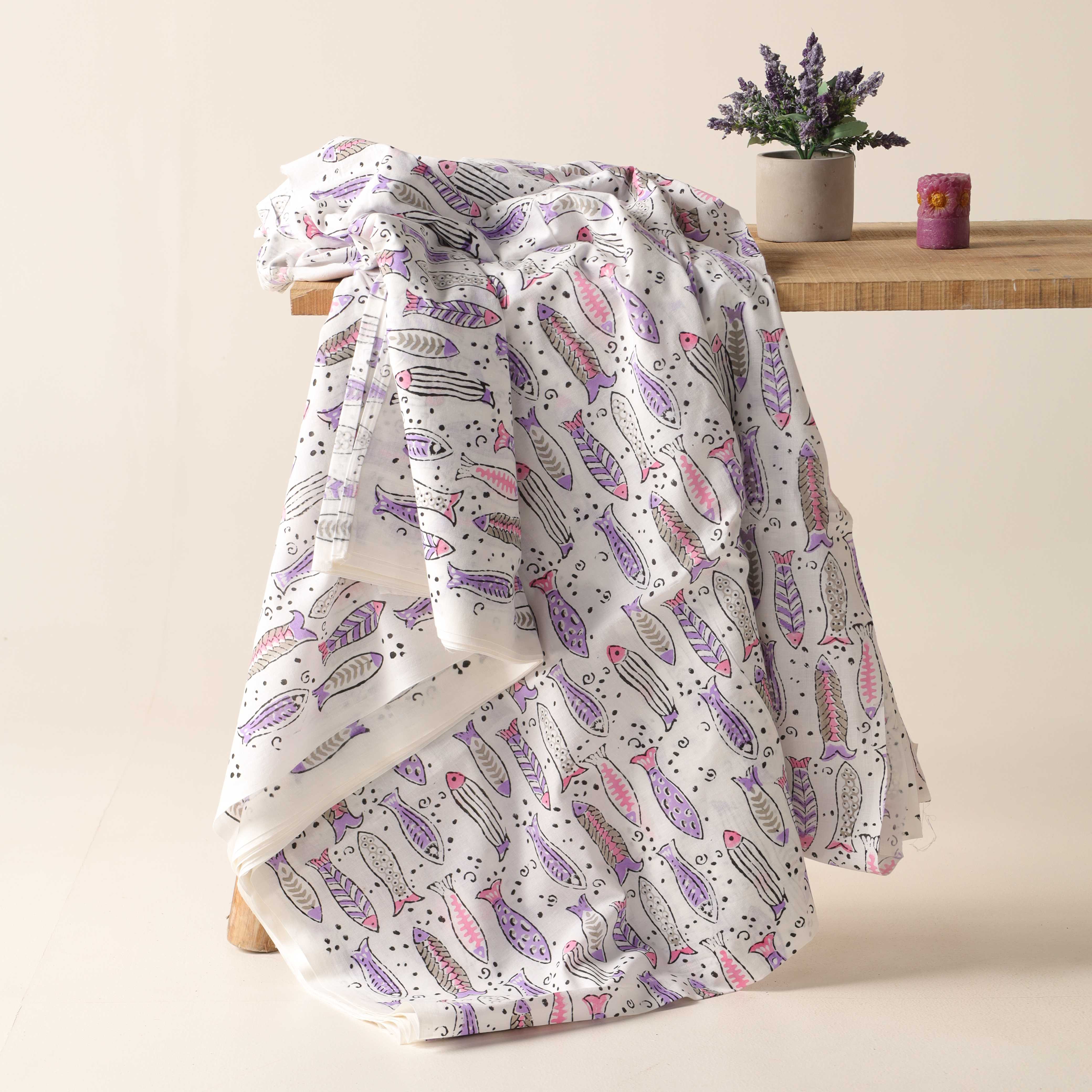 Artisan Hand Block Printed Cotton Fabric - Lavender & Grey Aquatic Motif
