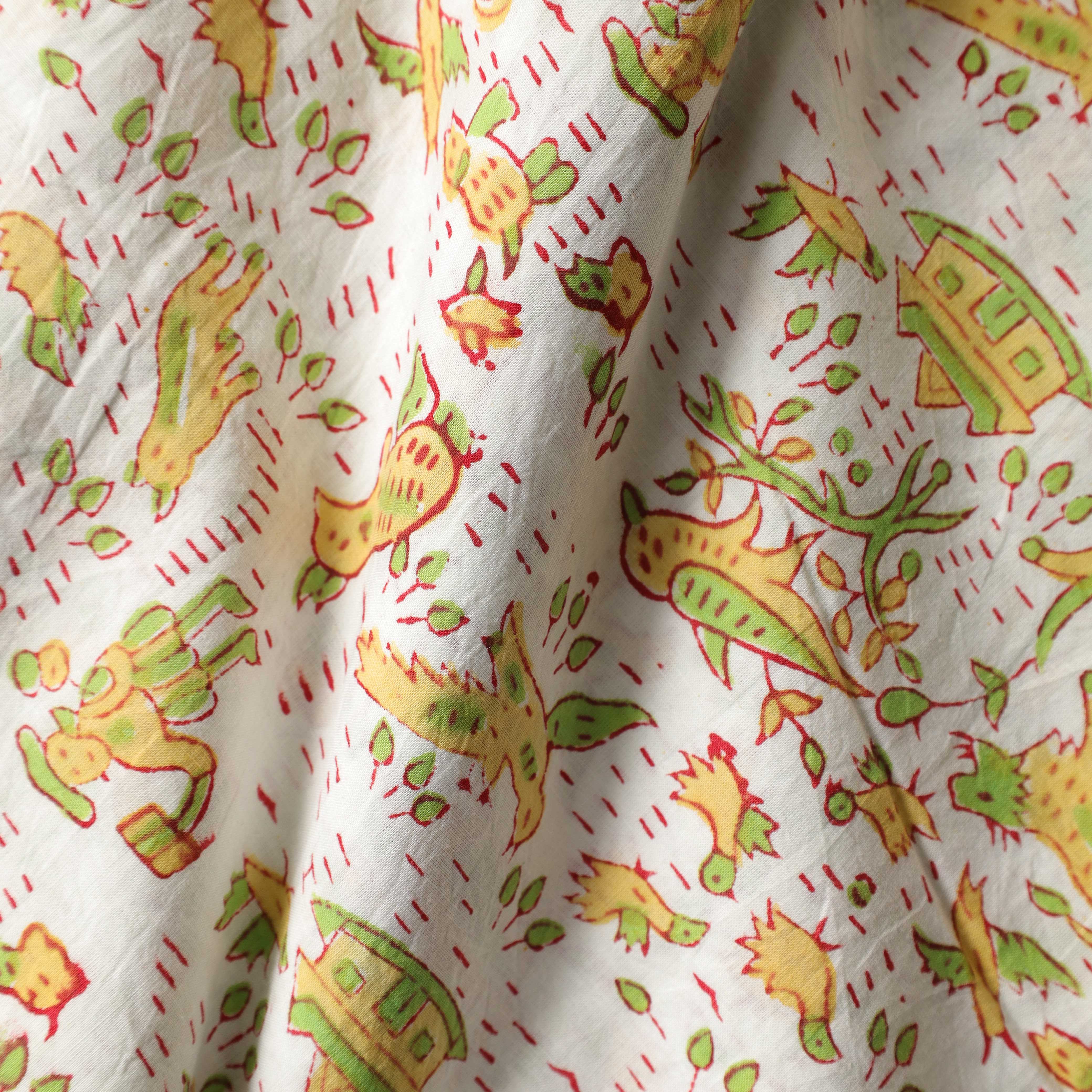 Artisan Hand Block Printed Cotton Fabric - Folk Motif in Ochre and Sage