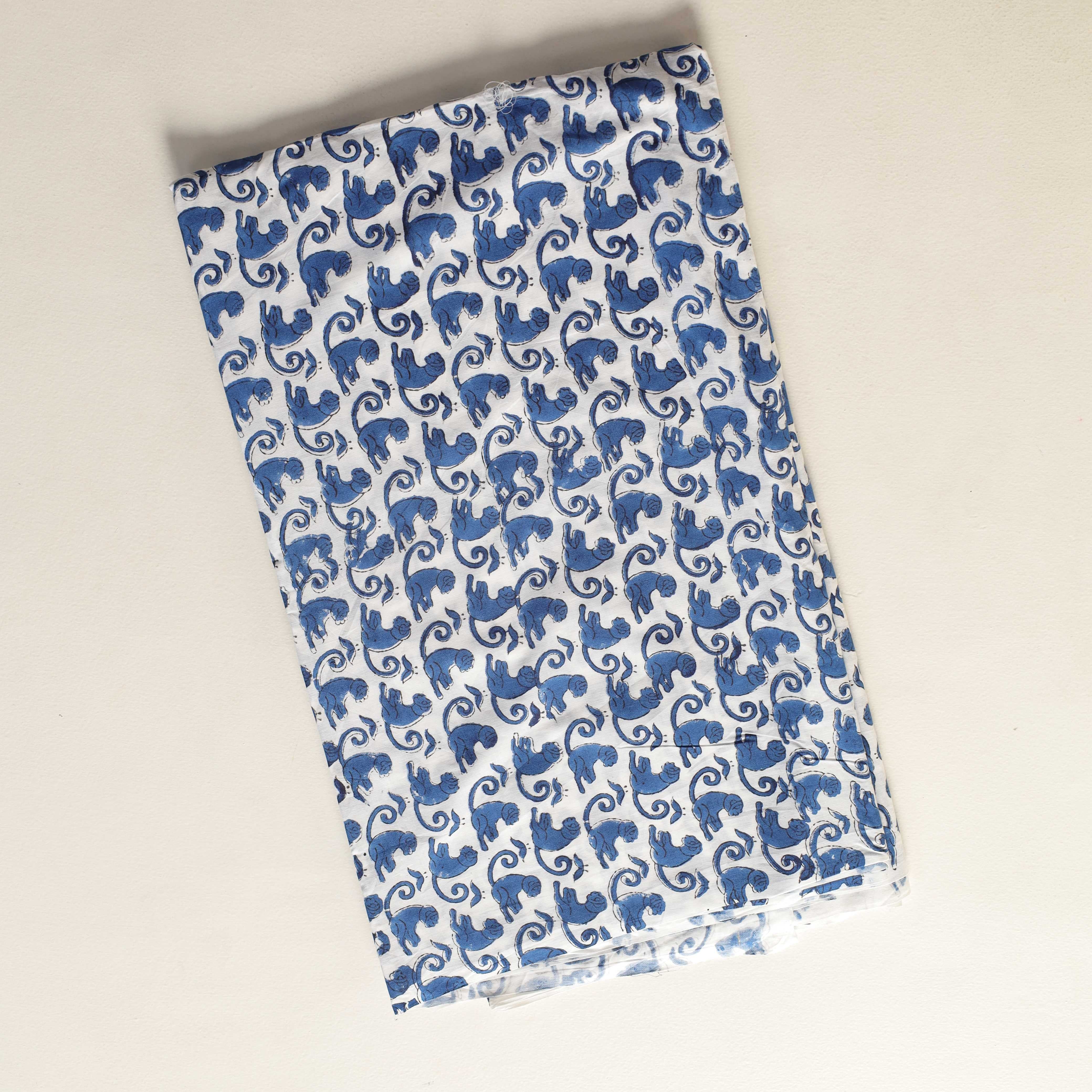 Artisan Hand Block Printed Cotton Fabric - Indigo Monkey Motif
