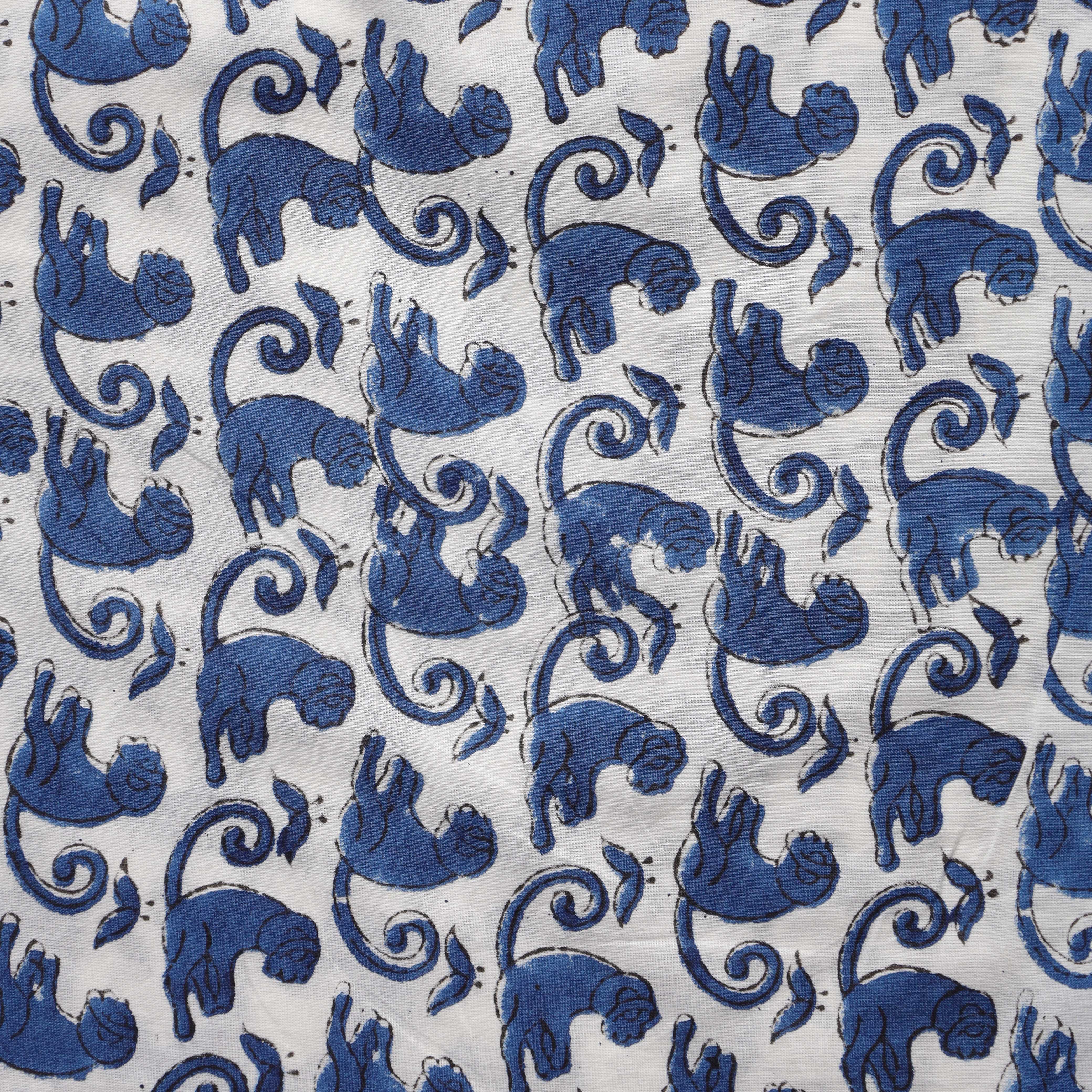 Artisan Hand Block Printed Cotton Fabric - Indigo Monkey Motif