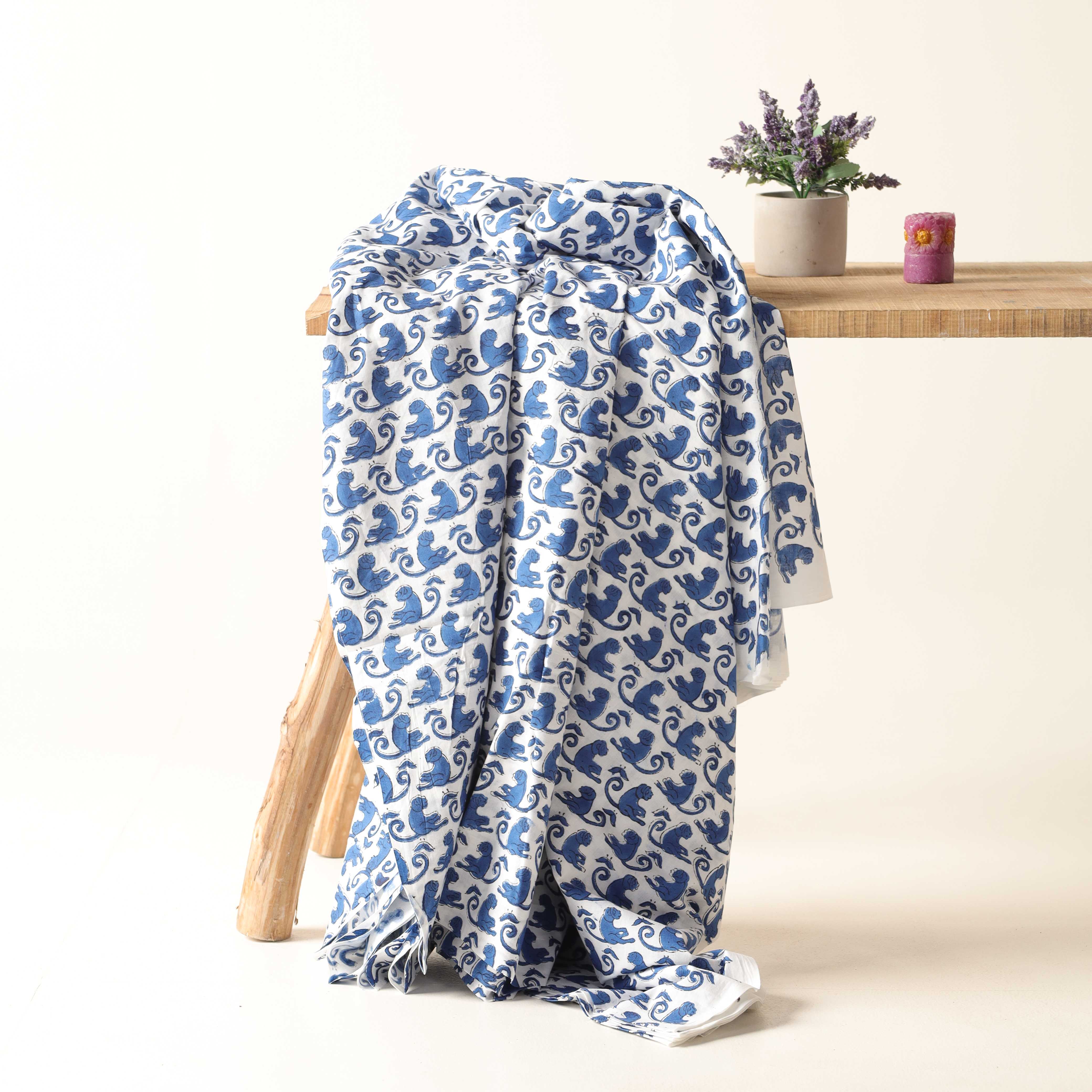 Artisan Hand Block Printed Cotton Fabric - Indigo Monkey Motif