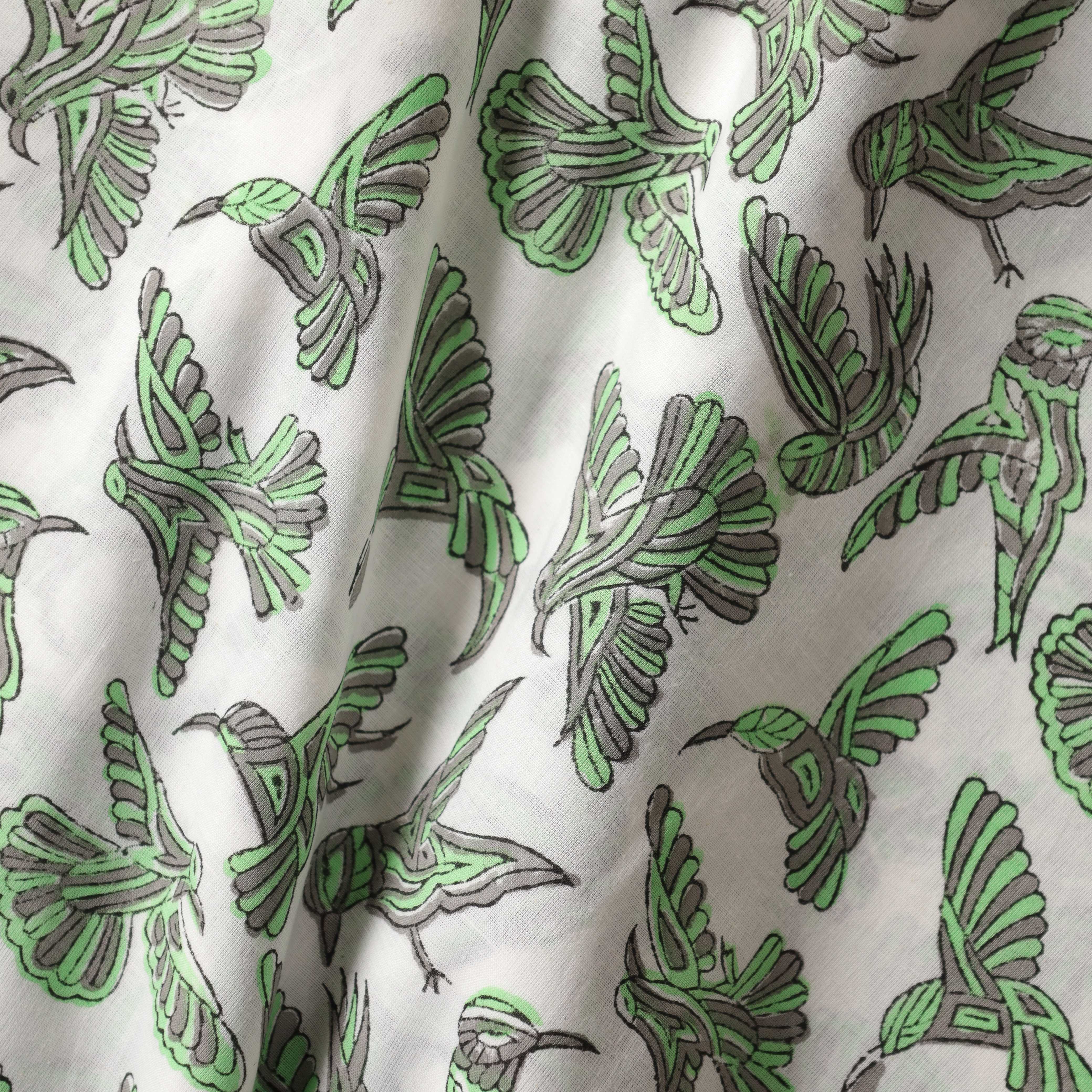 Artisan Hand Block Printed Cotton Fabric - Geometric Hummingbird in Sage & Slate