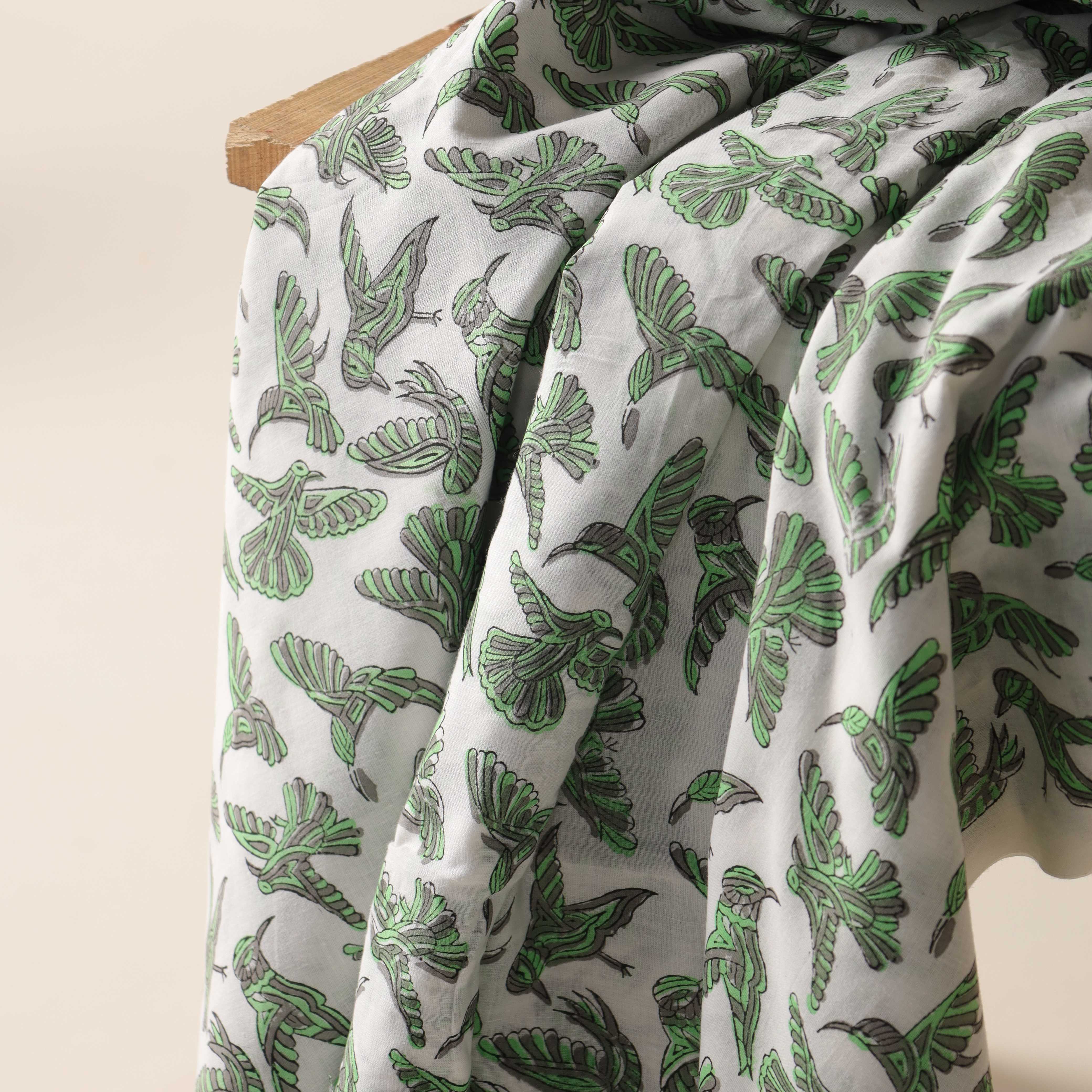 Artisan Hand Block Printed Cotton Fabric - Geometric Hummingbird in Sage & Slate