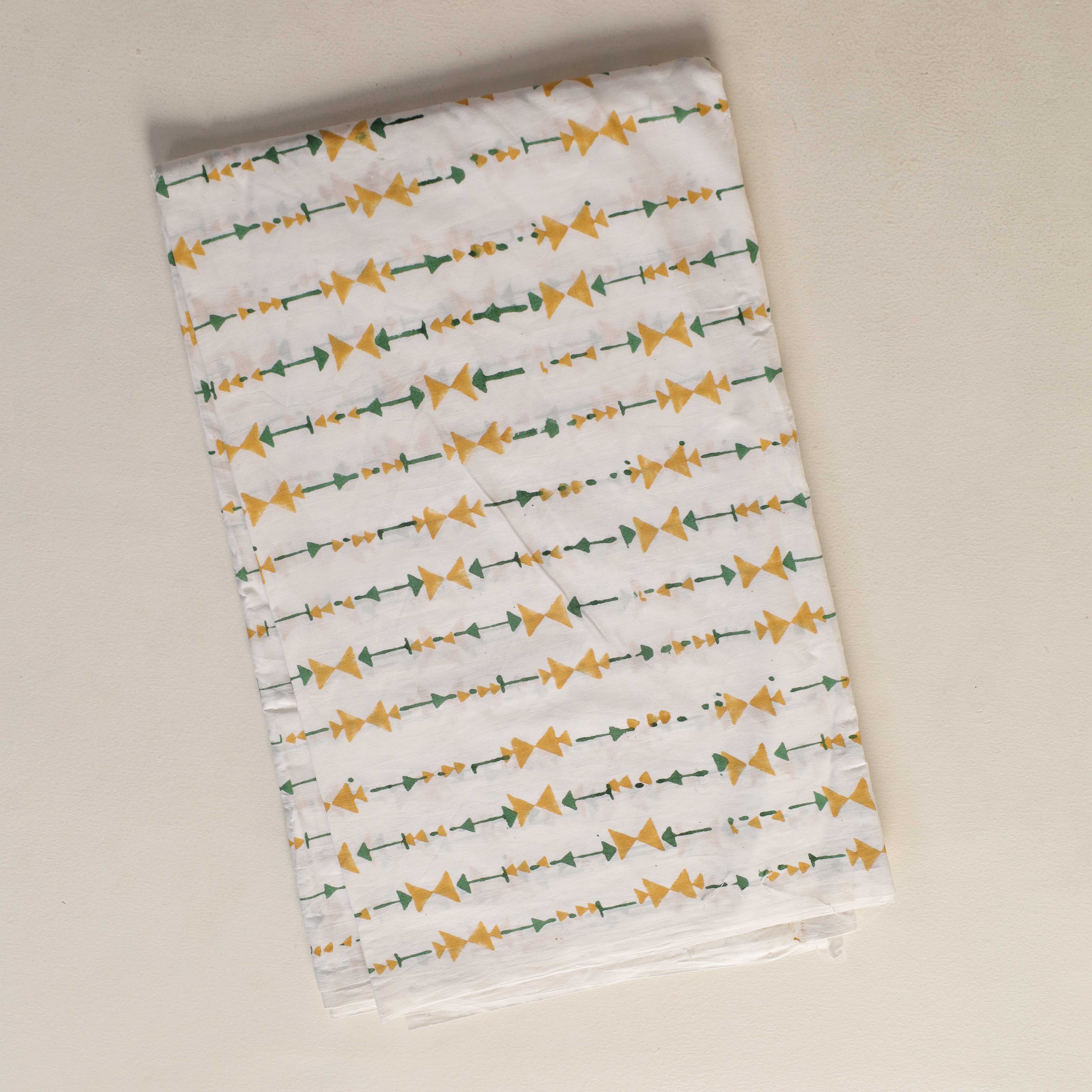 Artisan Hand Block Printed Cotton Fabric - Mustard and Sage Geometric Motif