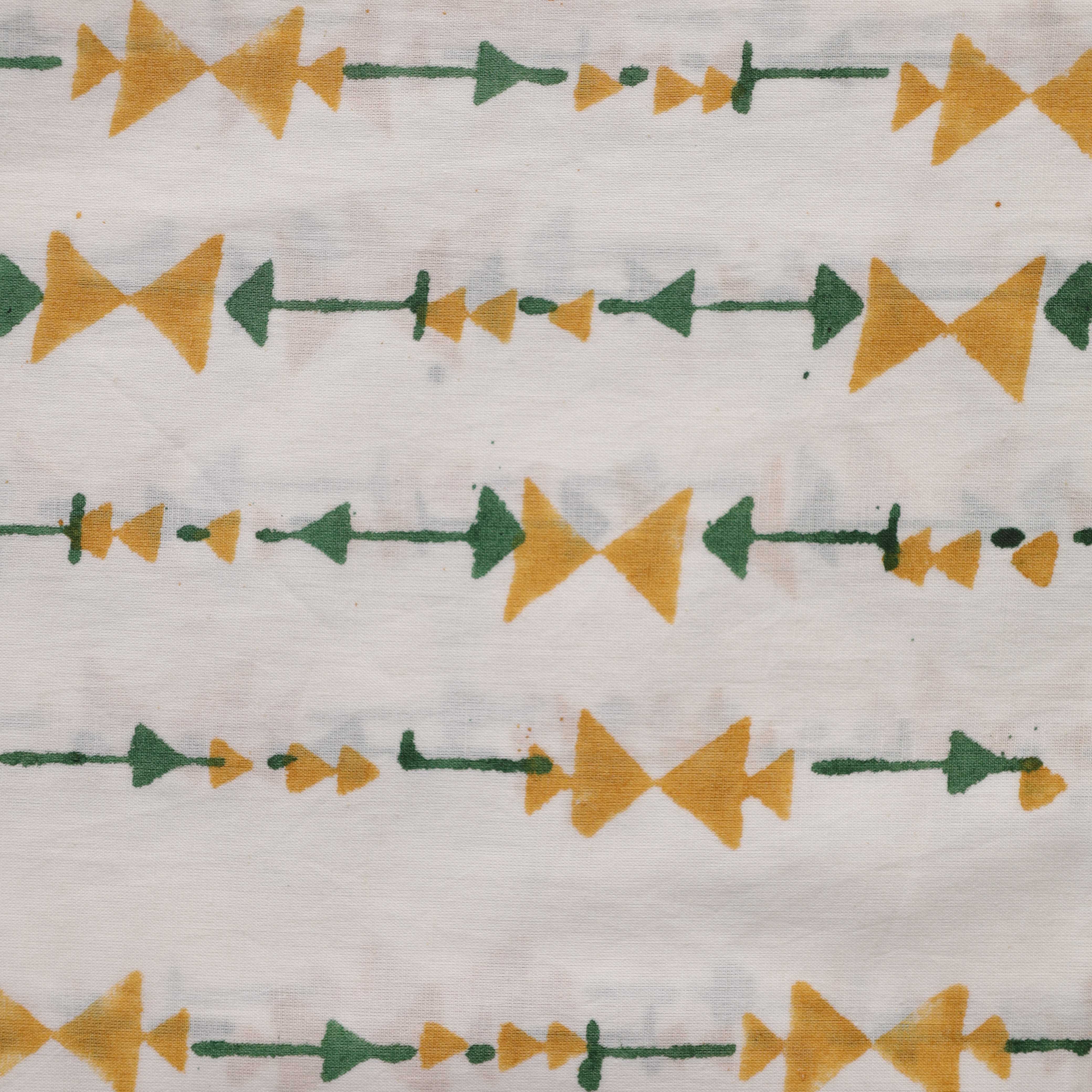 Artisan Hand Block Printed Cotton Fabric - Mustard and Sage Geometric Motif