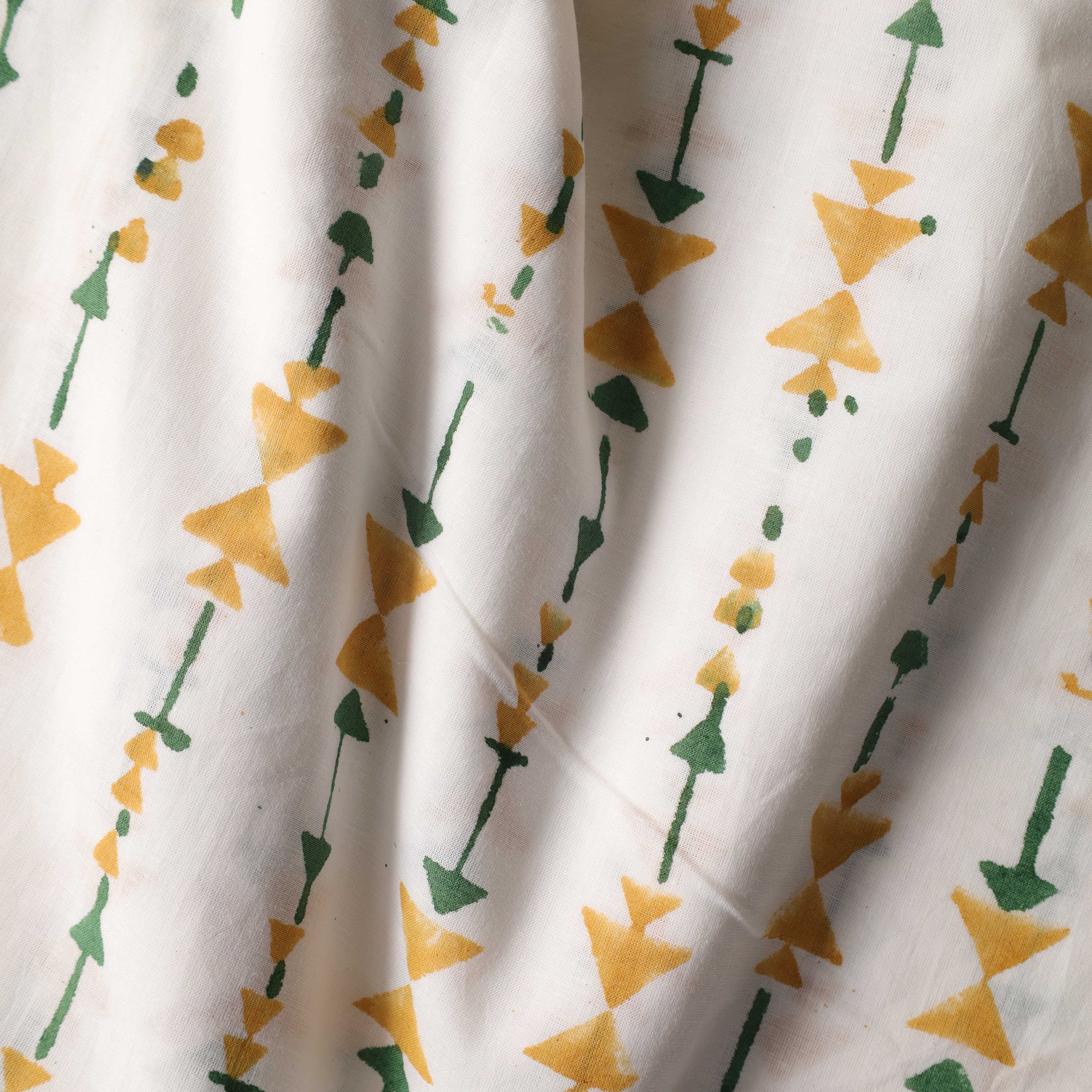 Artisan Hand Block Printed Cotton Fabric - Mustard and Sage Geometric Motif