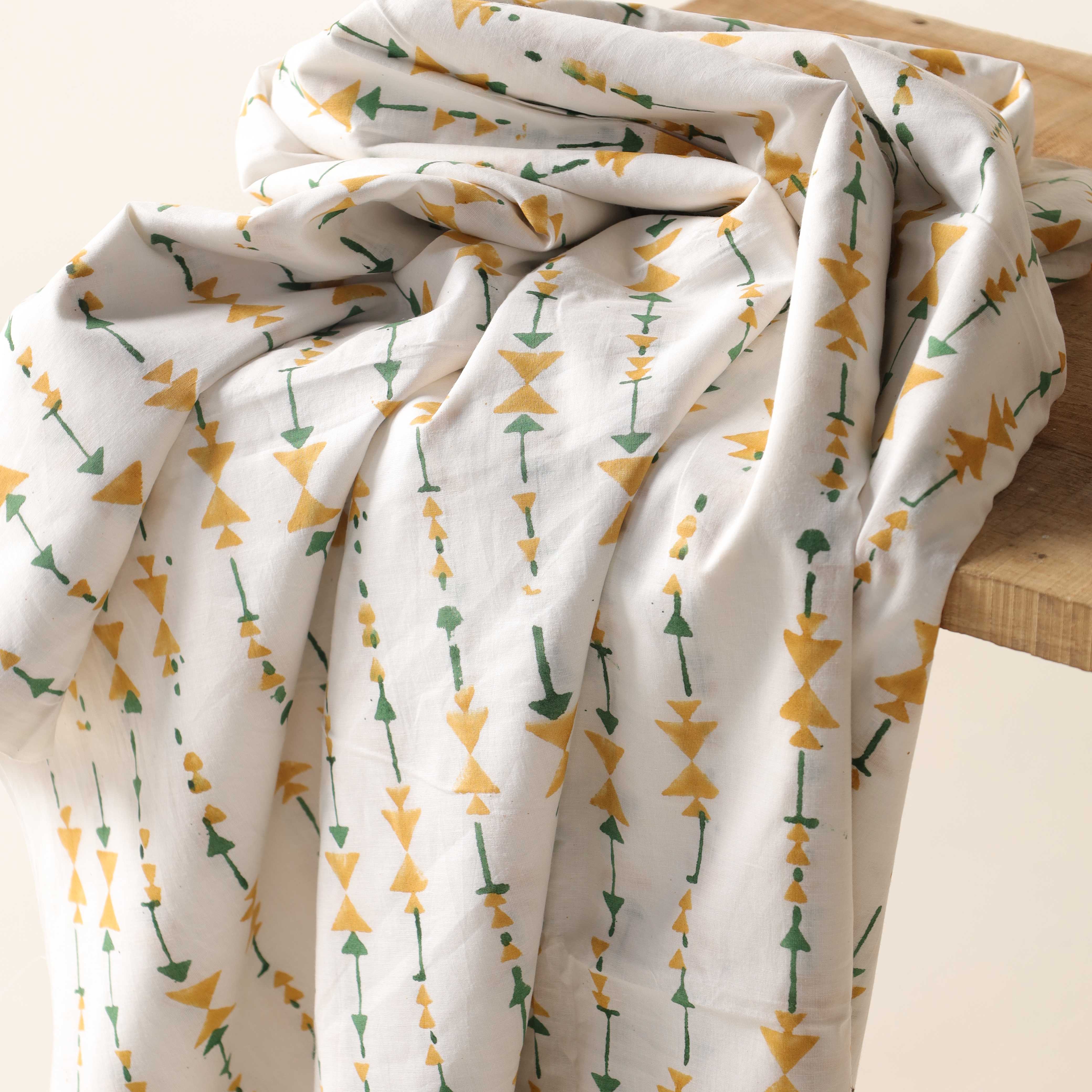 Artisan Hand Block Printed Cotton Fabric - Mustard and Sage Geometric Motif