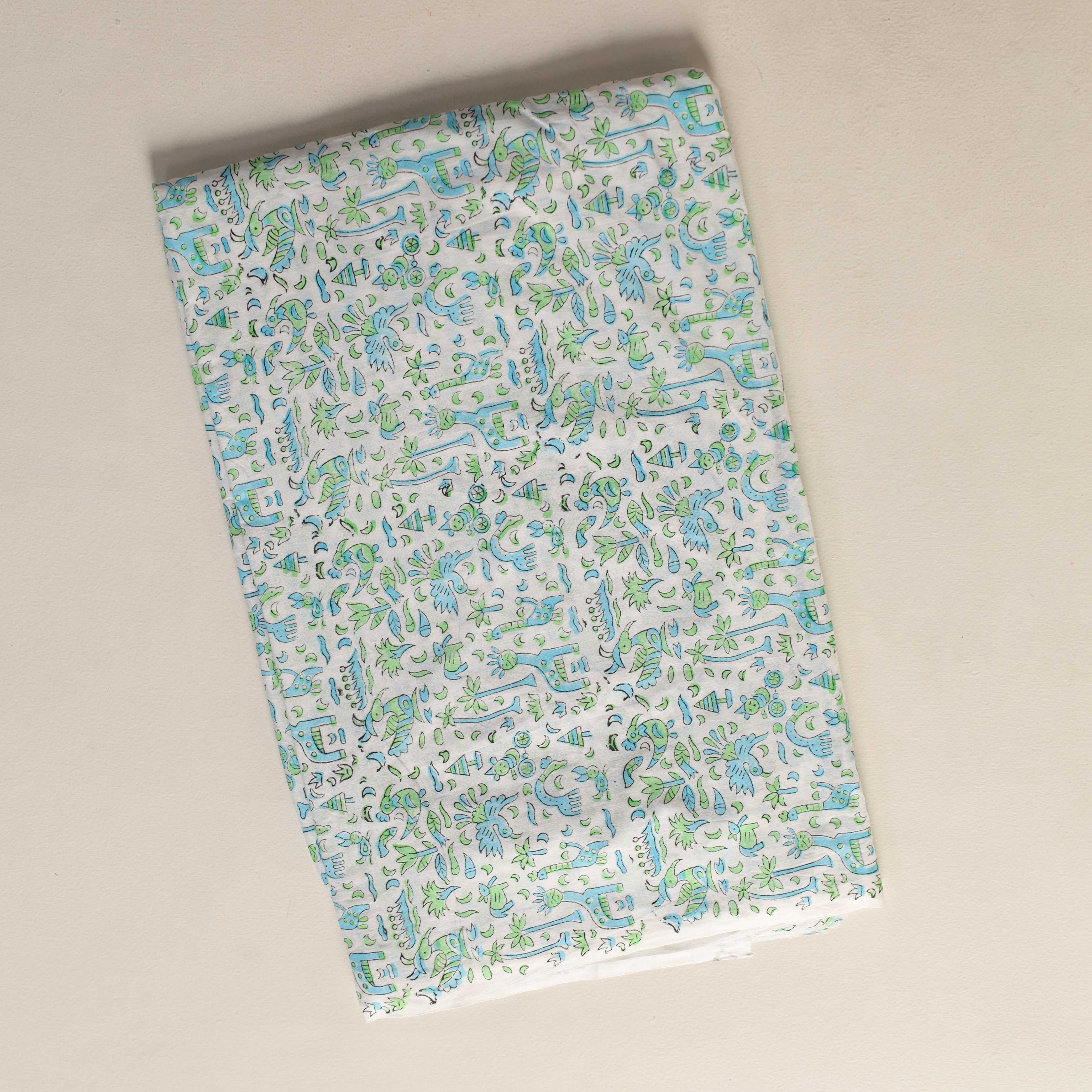 Artisan Hand Block Printed Cotton Fabric - Whimsical Safari & Flora Motif