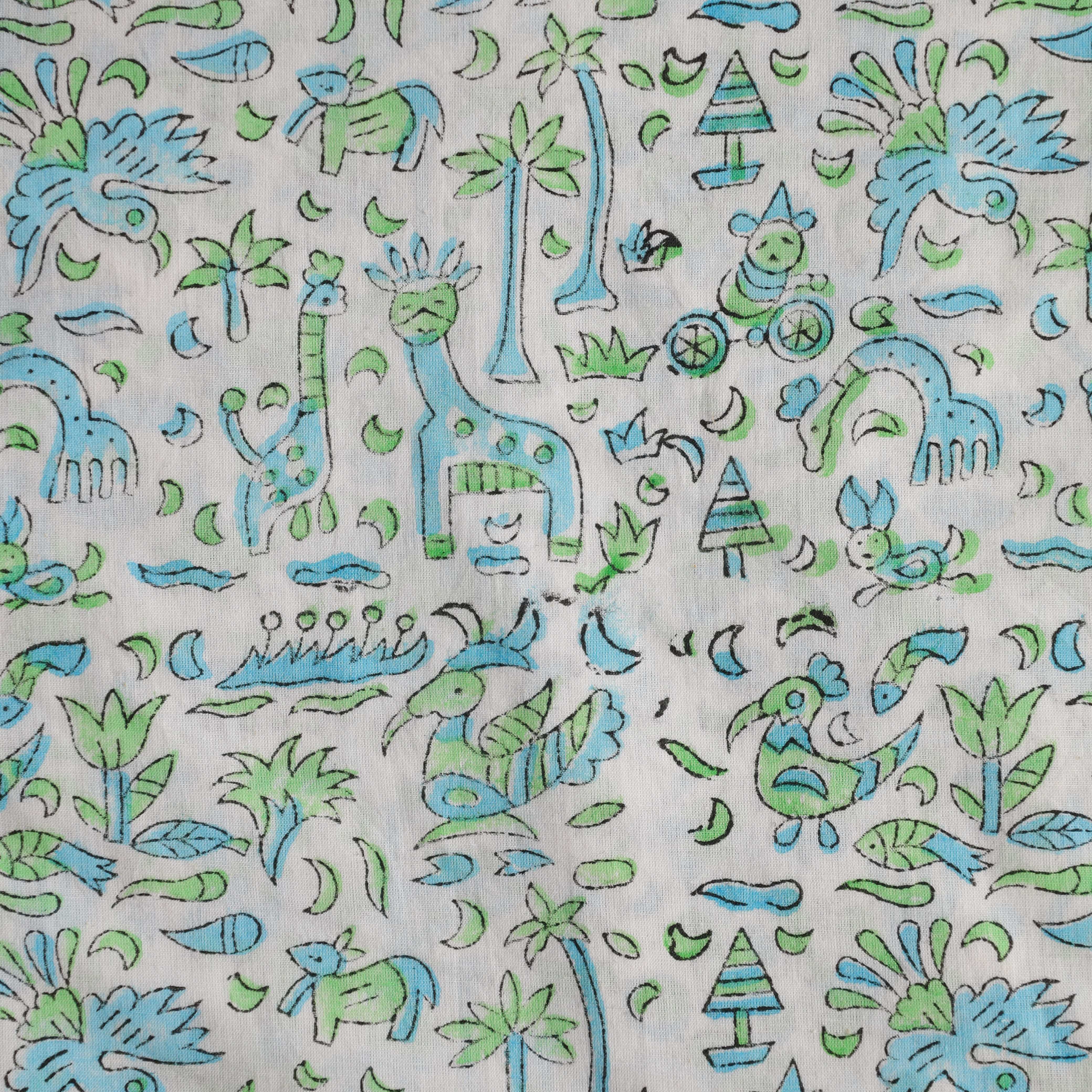Artisan Hand Block Printed Cotton Fabric - Whimsical Safari & Flora Motif