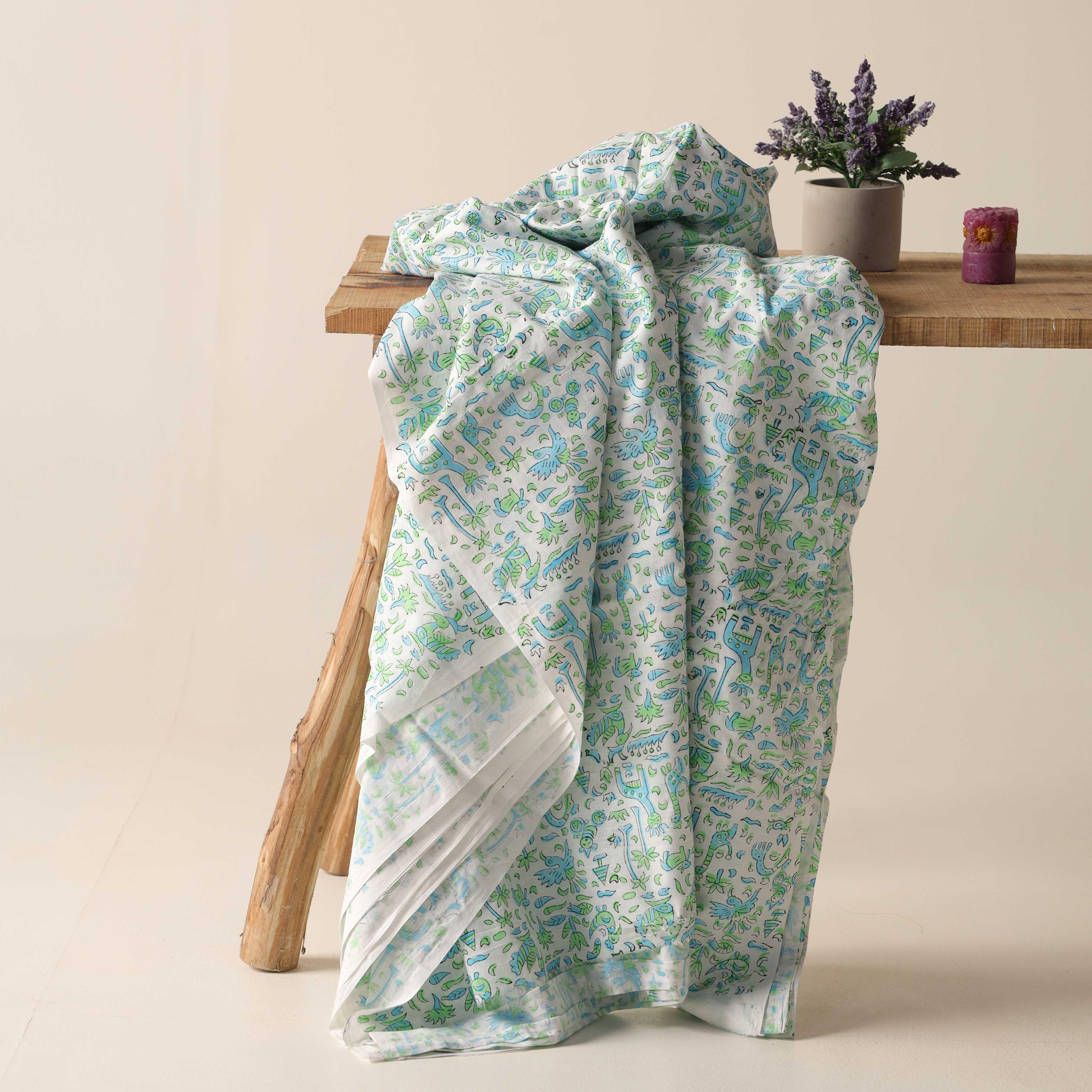 Artisan Hand Block Printed Cotton Fabric - Whimsical Safari & Flora Motif